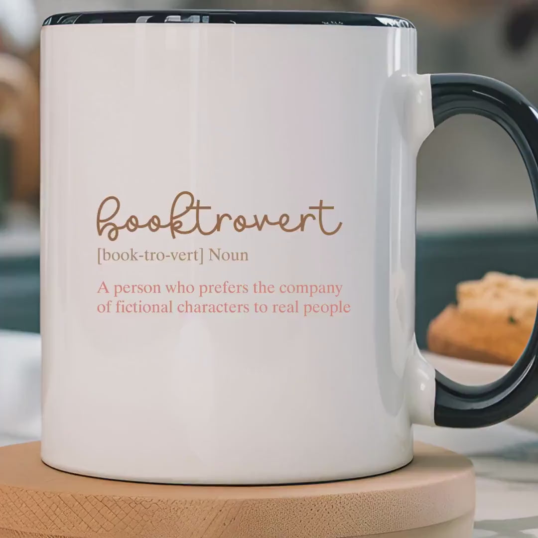 Load video: Funny Coffee Mug - Personalized Booktrovert Accent Cup, 11 &amp; 15oz Gift for Book Lovers, Perfect White Elephant Gift Under 20