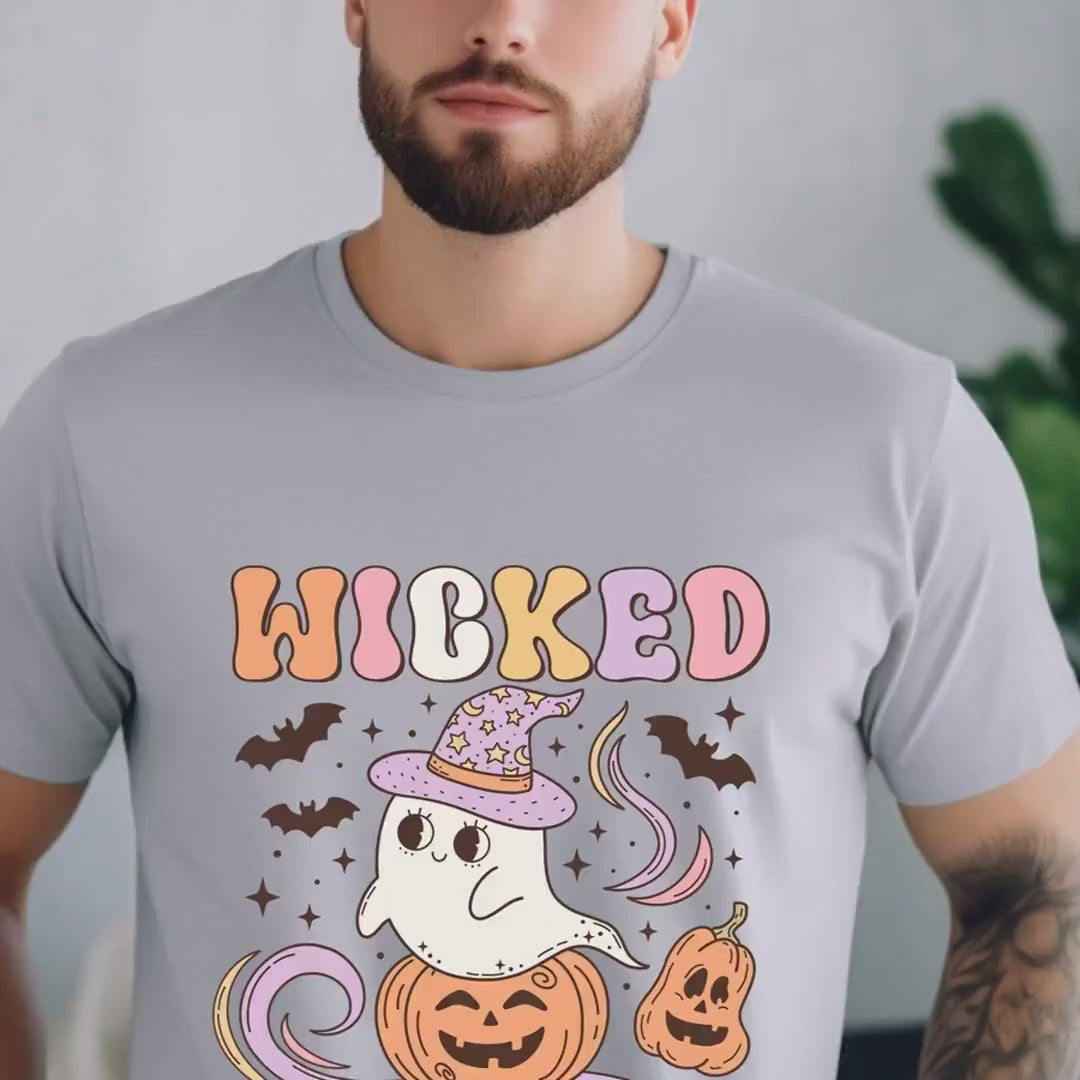 Load video: Wicked Cute Ghost T-shirt | Spooky Halloween Tee | Autumn Fall Apparel for Kids &amp; Adults, Funny Cute Halloween Party Wear