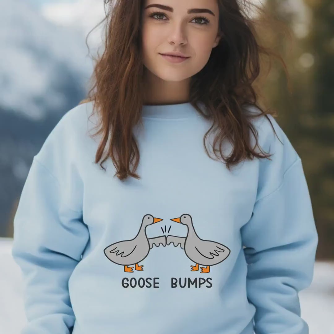 Load video: Goose Bumps Sweatshirt | Cute Funny Goose Bumping Their Wings | Cozy Pullover for Animal Lovers &amp; Gifts