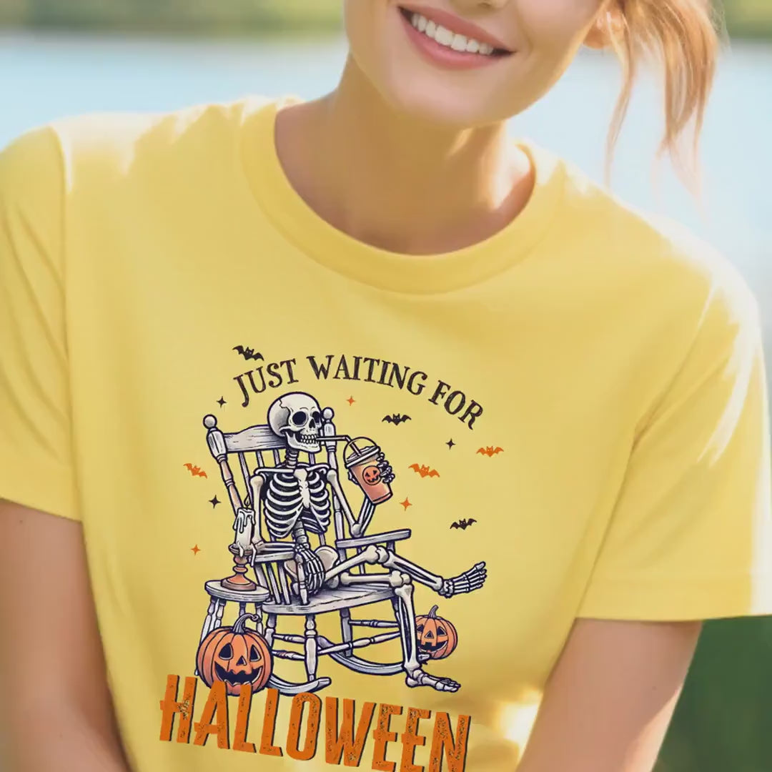 Load video: Just Waiting for Halloween Black T-Shirt | Spooky Graphic Tee | Halloween Costume Shirt | Fun Fall Apparel