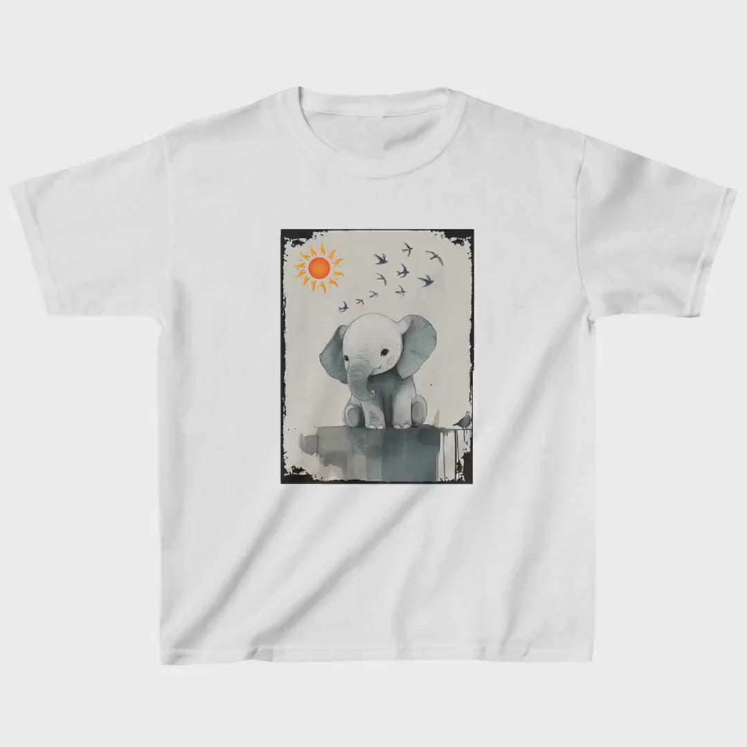 Load video: Kids T-Shirt, Magic Day with Birds and Elephant Tee, Children&#39;s Tee, Cute Animal Shirt, Magical Elephant Kids Top, Bird and Animals Youth