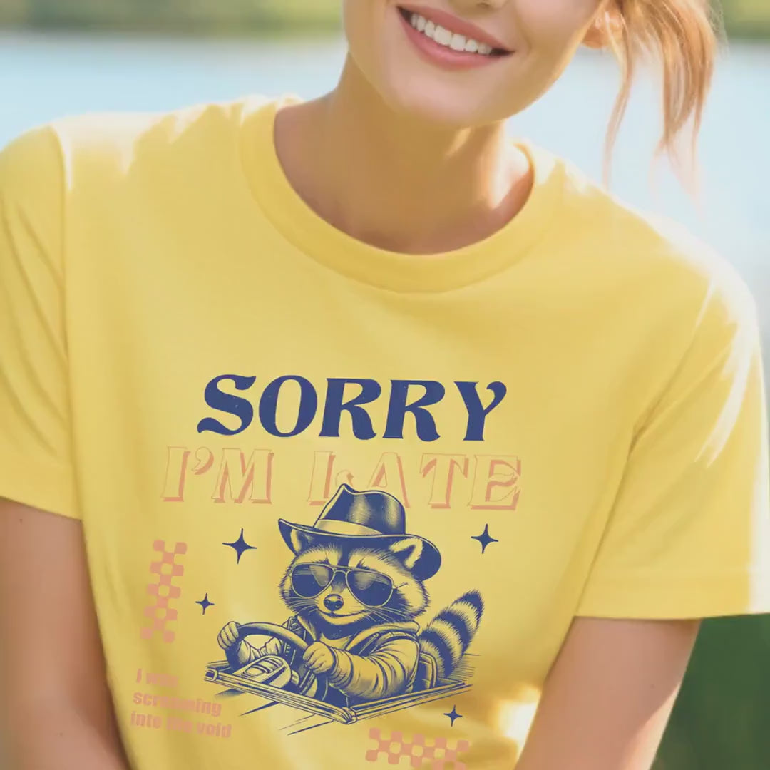 Load video: Sorry I am Late I was Screaming Into The Void T-shirt, Funny Crazy Raccoon Graphic Tee for Humor Lovers &amp; Animal Fans