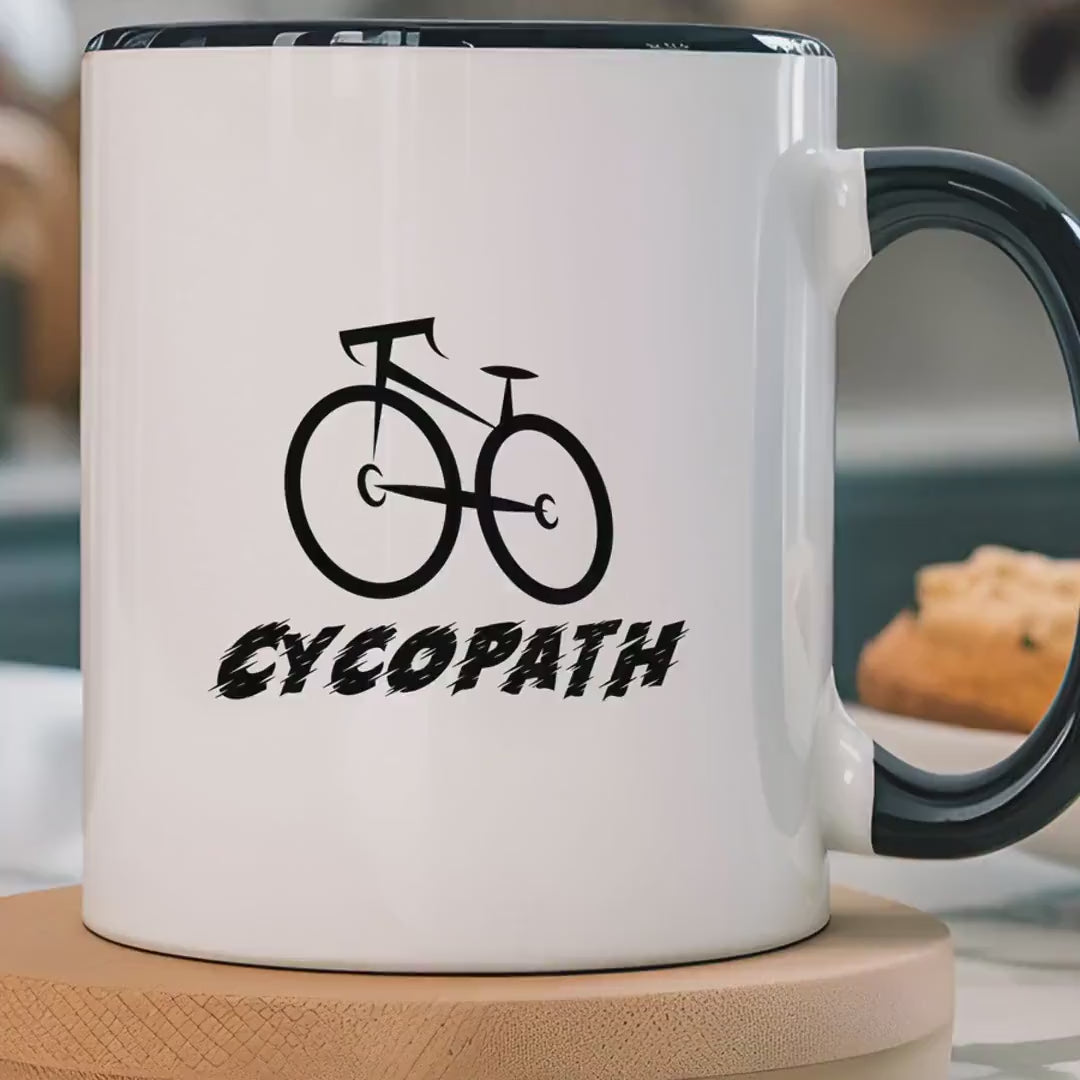 Load video: Cycopath Coffee Mug, Funny Personalized Mug for Biking Lovers, Unique Accent Cup Gift Under 20, White Elephant Gift, 11 &amp; 15oz