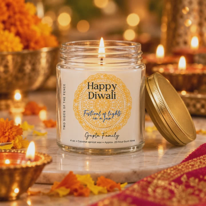 Load video: Personalized Diwali Candle – Rangoli Festival of Lights Gift, Custom Family Name, 4 oz or 9 oz