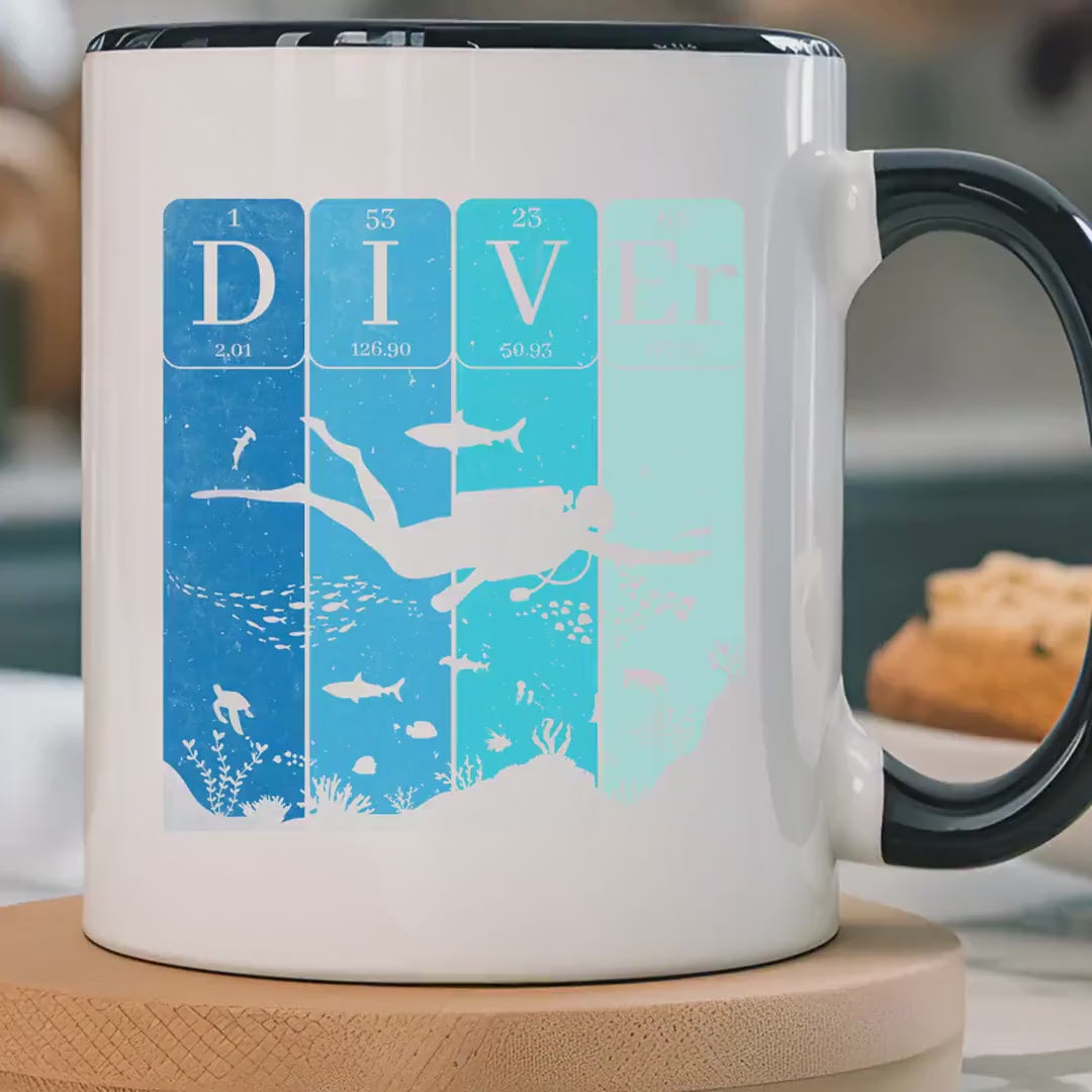 Load video: Funny Coffee Mug, Personalized Mug Periodic Table Diver Accent Cup, Unique Gift Under 20, White Elephant, 11oz &amp; 15oz, Marine Sea Lover Cup