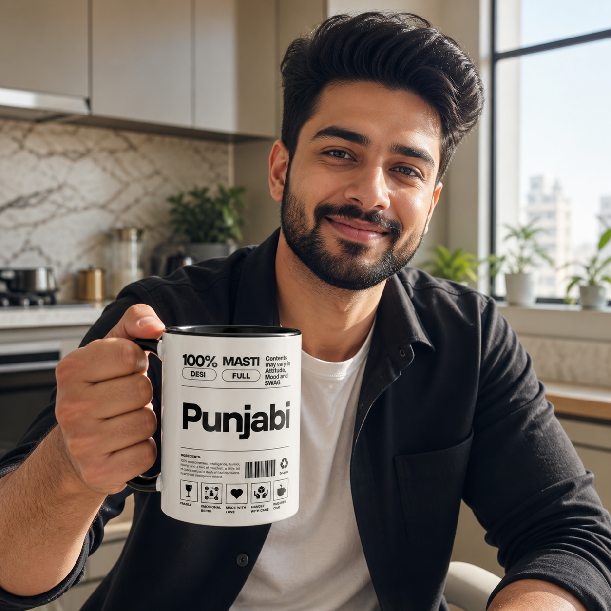 Young Punjabi man holding black-accent Punjabi Desi Roots mug