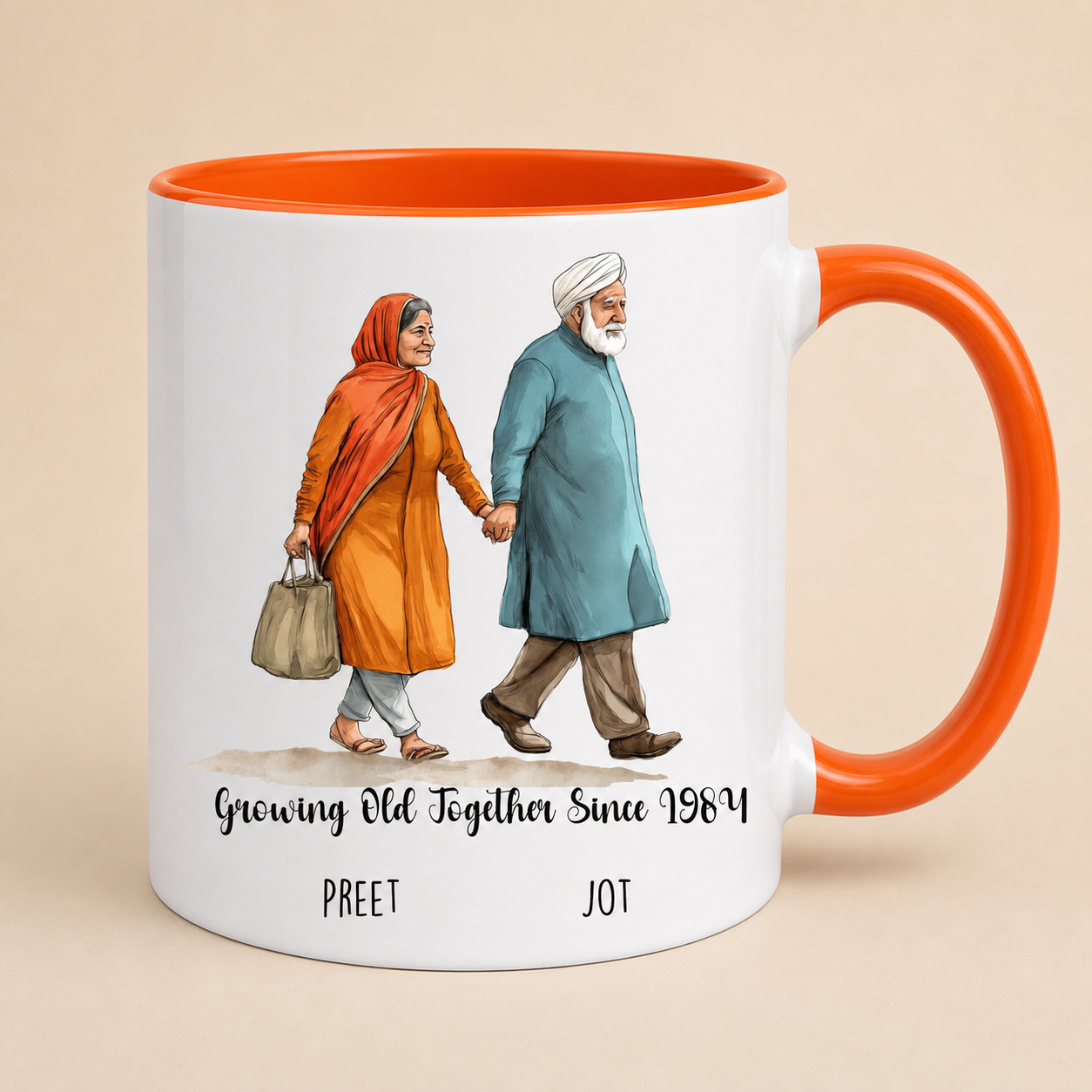 Personalized Punjabi Growing Old Together orange accent mug