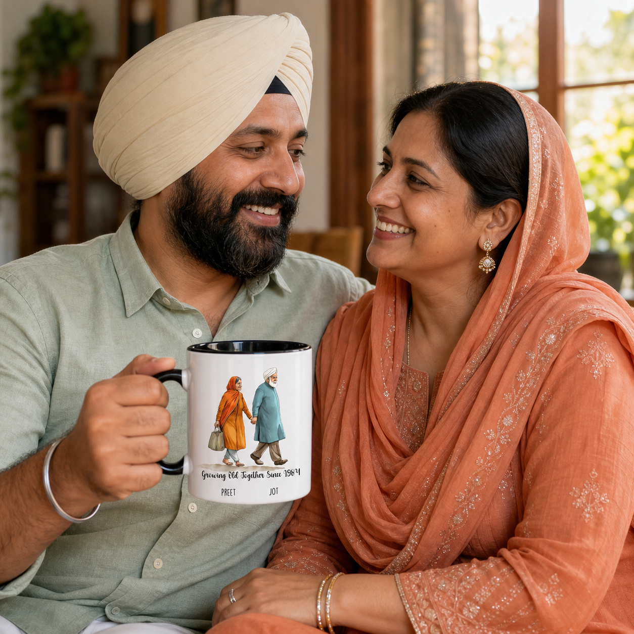 Mature Punjabi Sikh couple with a personalized black accent Growing Old Together Since mug