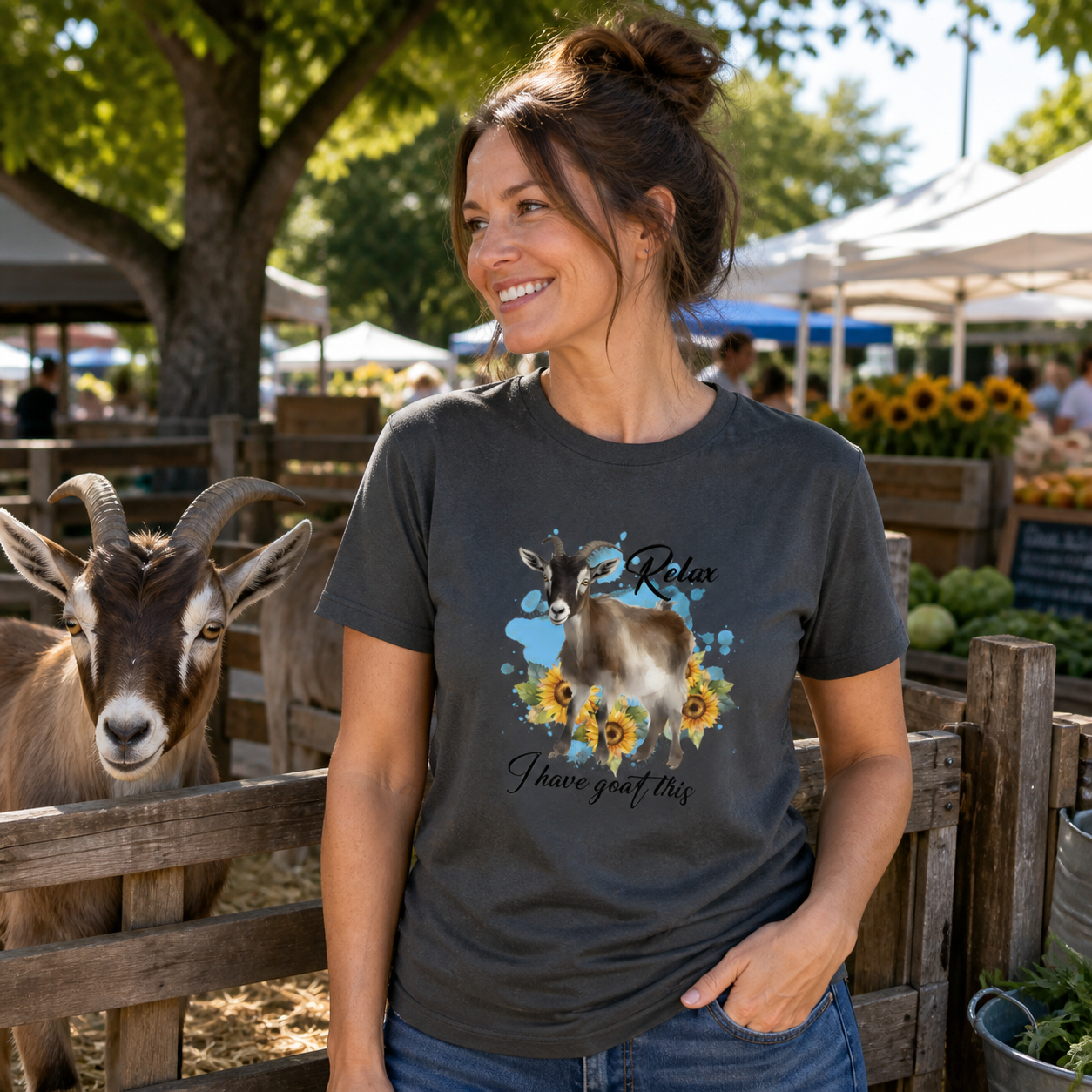 Woman wearing Relax I Have Goat This graphic T-shirt at a farmers market goat pen