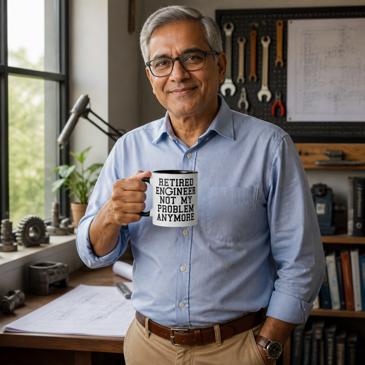Retired engineer holding Retired Engineer Not My Problem Anymore black-accent mug in a workshop