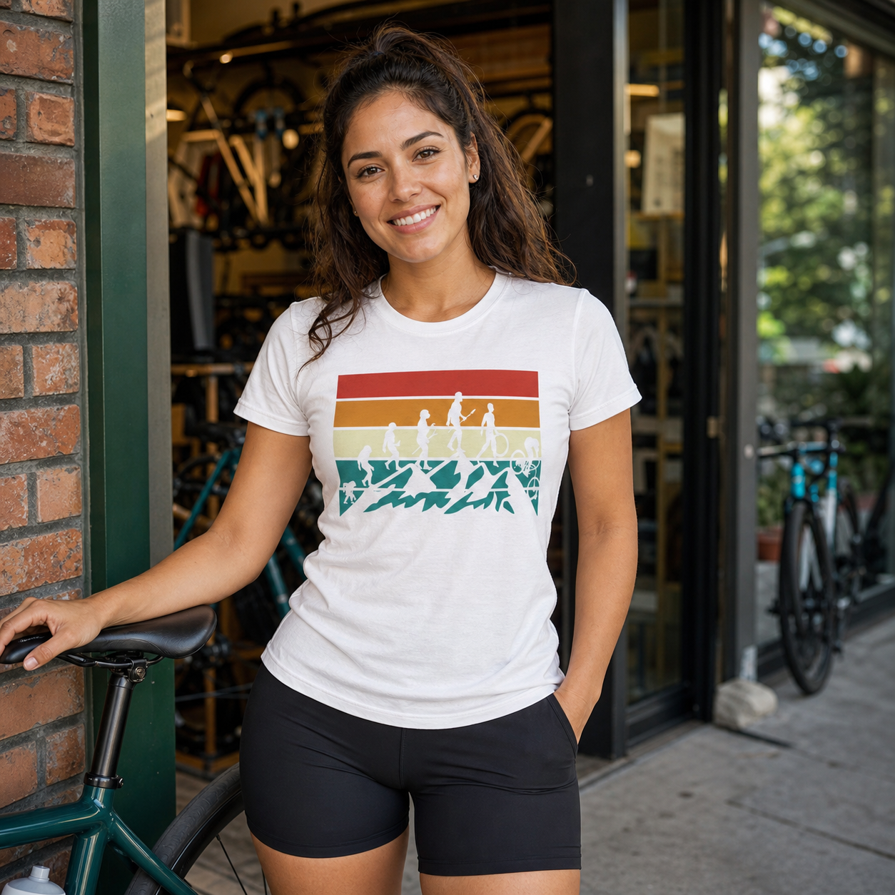 Young cyclist wearing retro cycling evolution graphic T-shirt outside a bicycle shop
