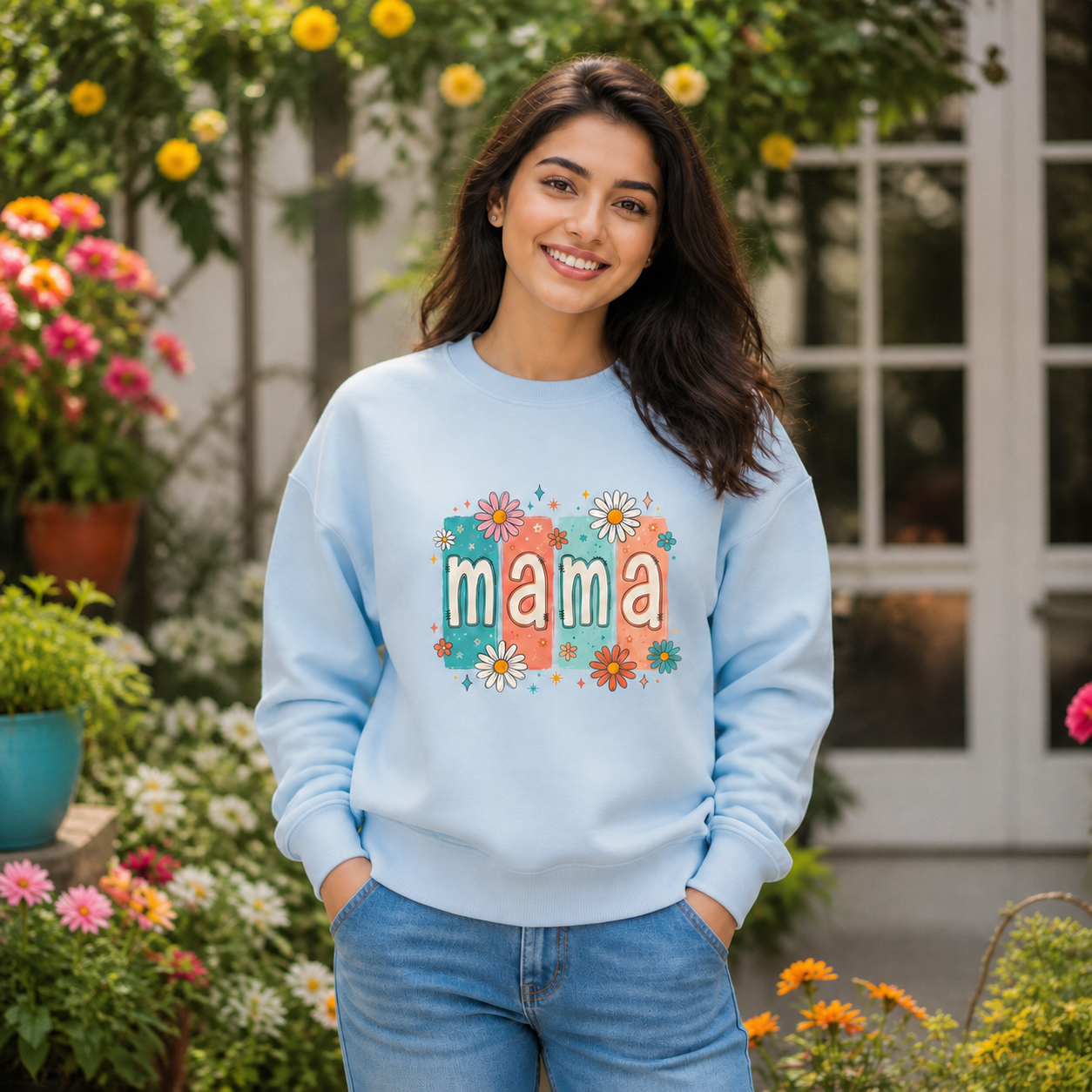 Young Indian mom wearing retro floral Mama crewneck sweatshirt in a flower garden