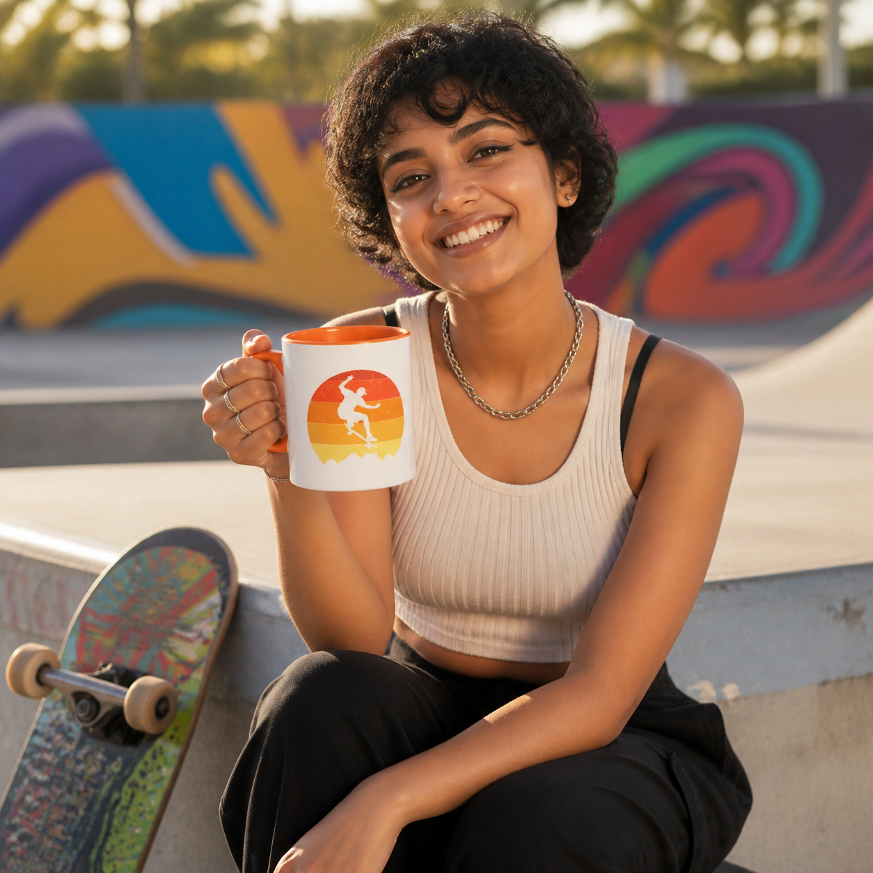 Young skateboarder holding orange-accent retro skateboarding mug at an urban skate park