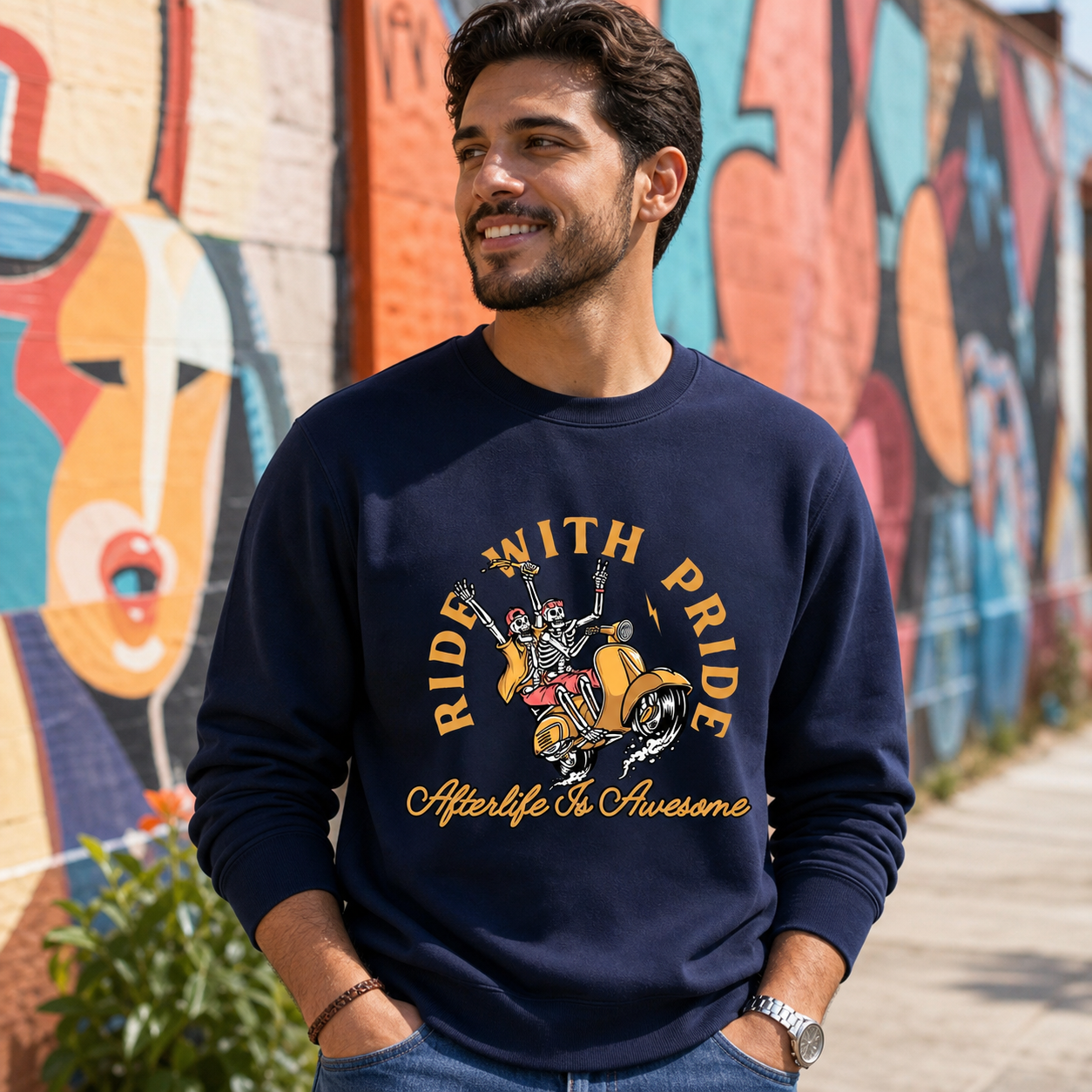 Man wearing Ride With Pride Afterlife Is Awesome navy sweatshirt outdoors