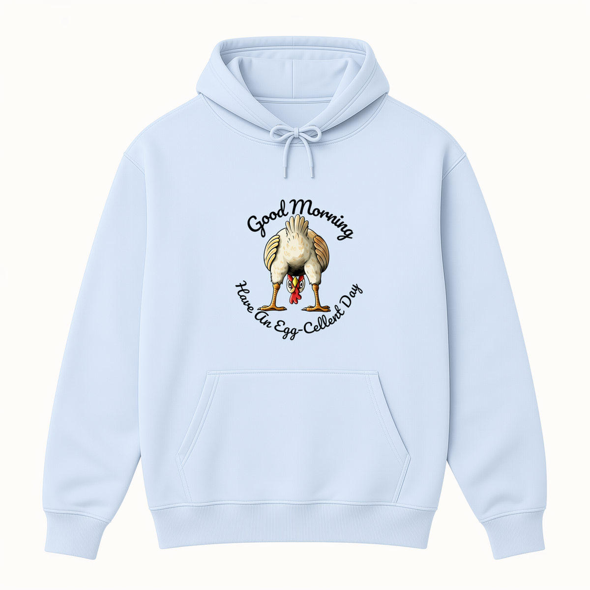 Good Morning egg-cellent rooster light blue hoodie front product image