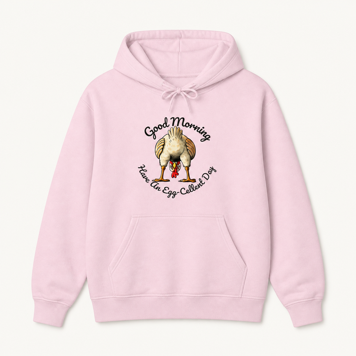 Good Morning egg-cellent rooster light pink hoodie front product image