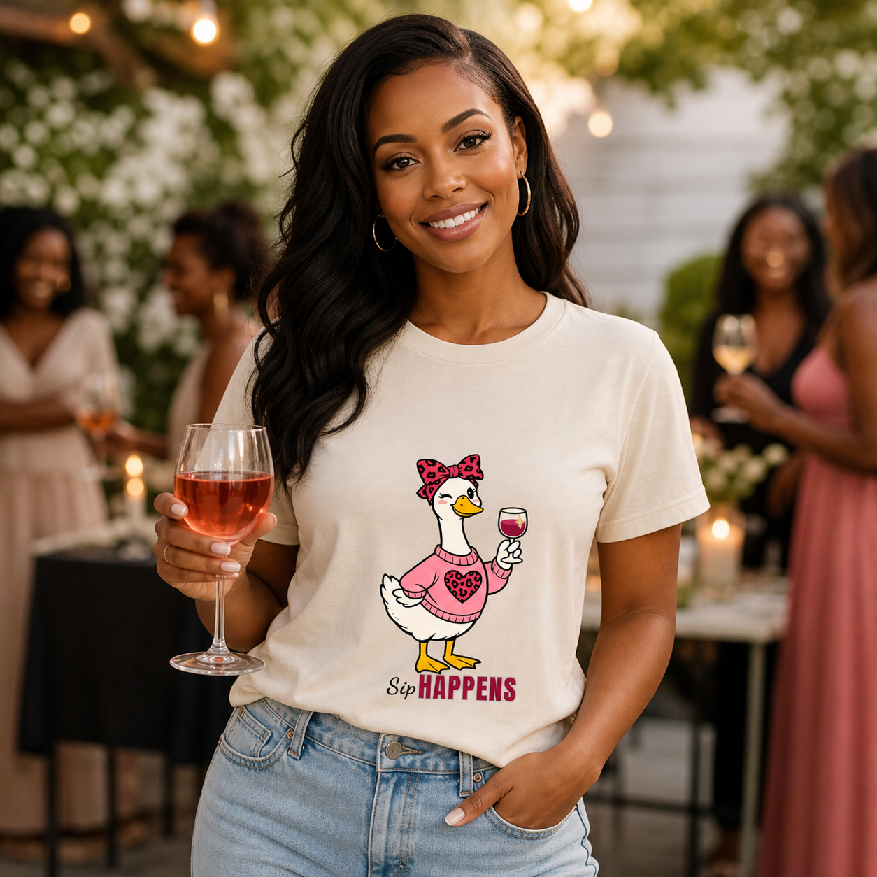 Young mom wearing Sip Happens goose wine T-shirt at a garden gathering
