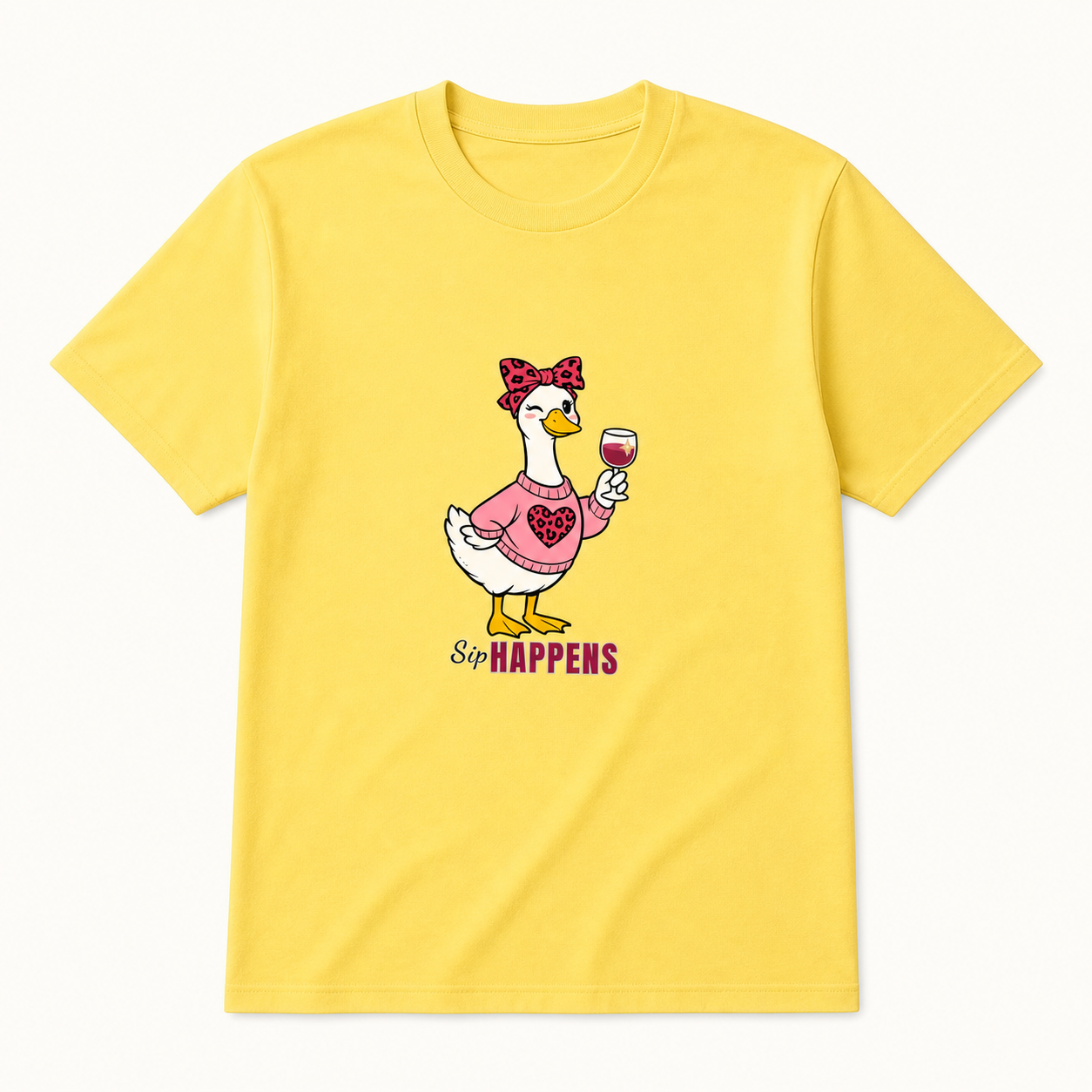 Yellow Sip Happens Mama Goose wine T-shirt product view
