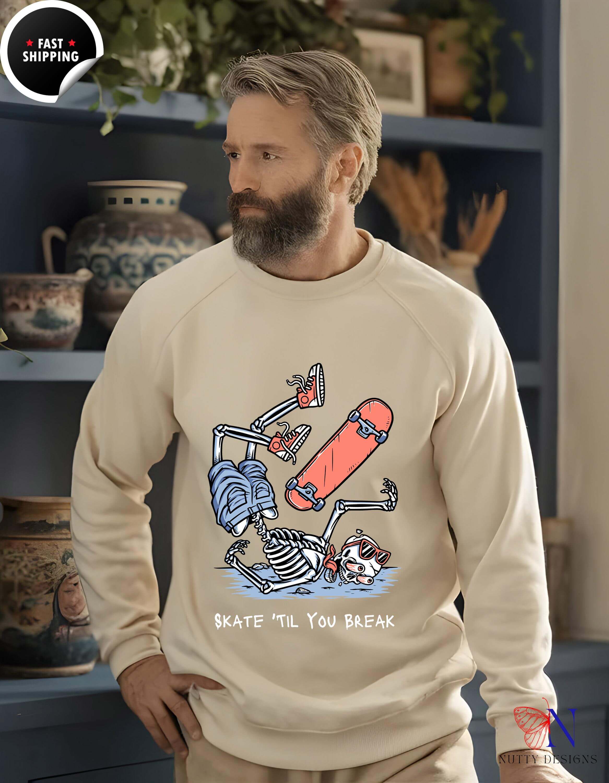 Funny skeleton sweatshirt featuring a skateboard design, perfect for Halloween and casual wear.