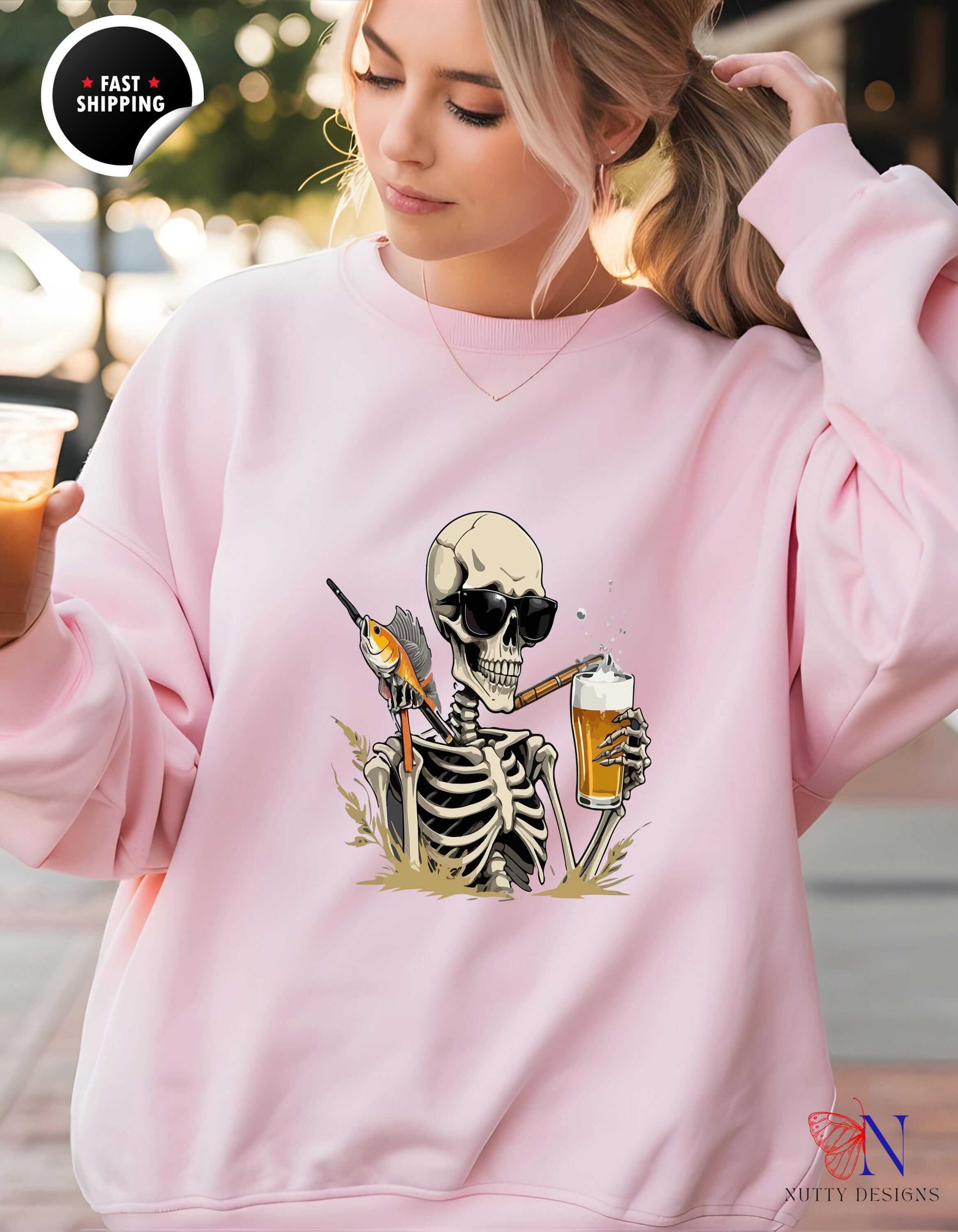 Skeleton Good Time Fish Beer Graphic Cozy Sweater Fun Fishing Perfe...