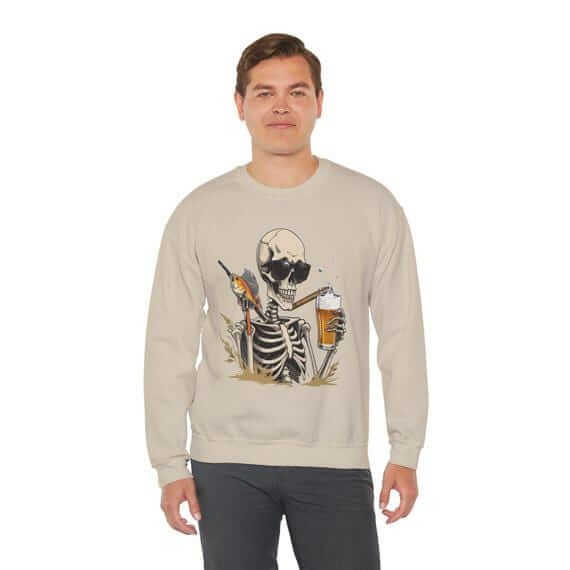 Skeleton Good Time Fish Beer Graphic Cozy Sweater Fun Fishing Perfe...