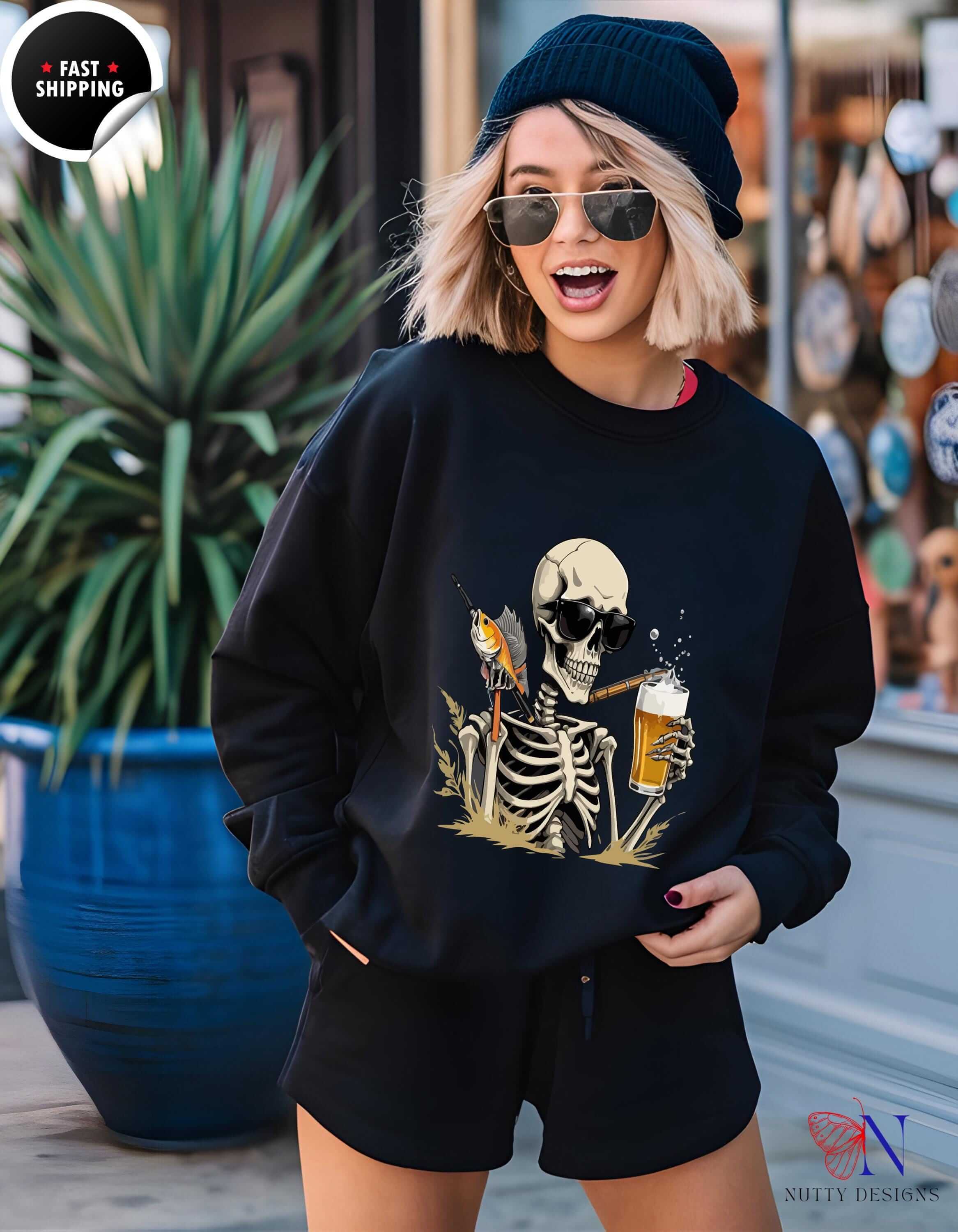 Skeleton Good Time Fish Beer Graphic Cozy Sweater Fun Fishing Perfe...