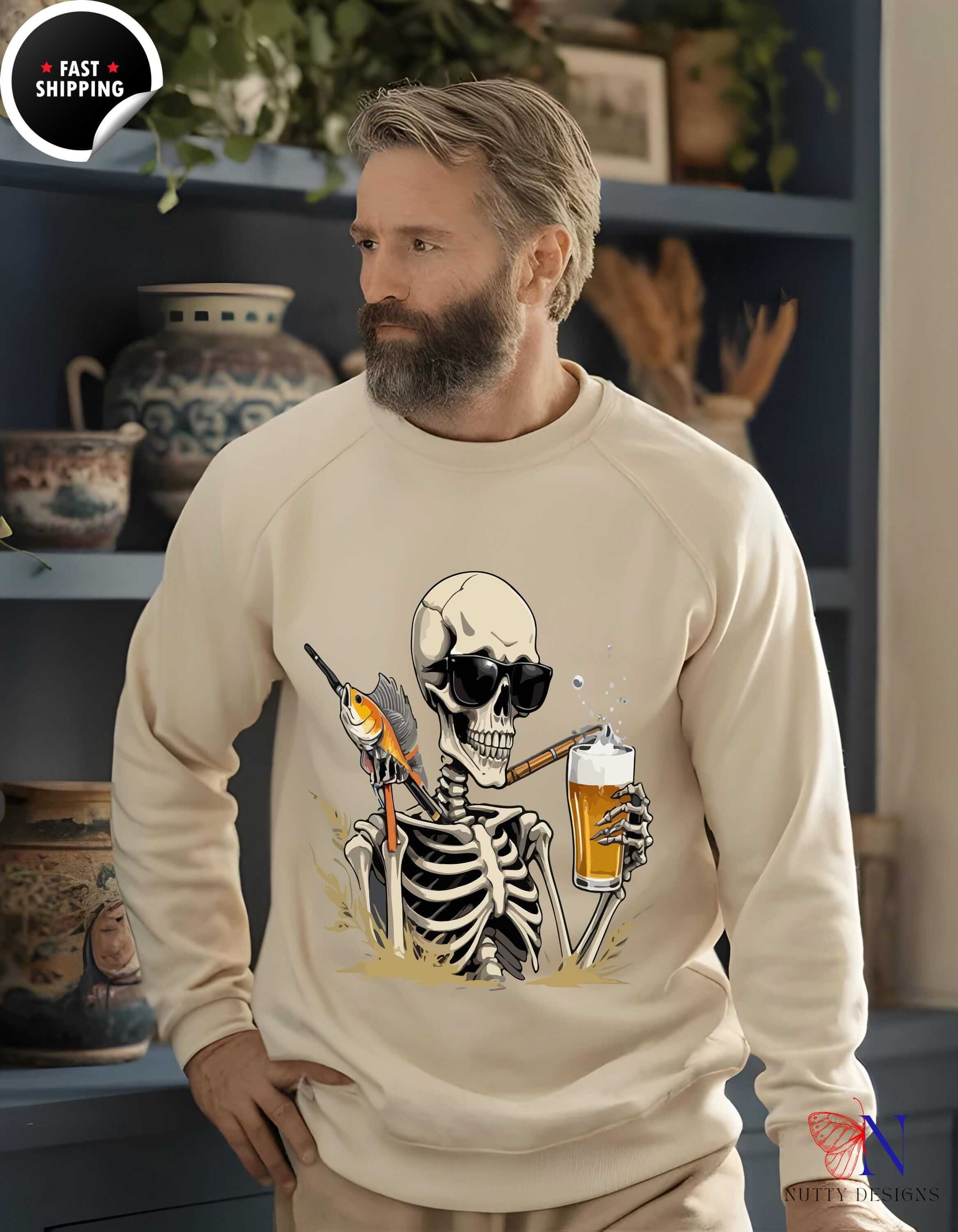Skeleton Good Time Fish Beer Graphic Cozy Sweater Fun Fishing Perfe...