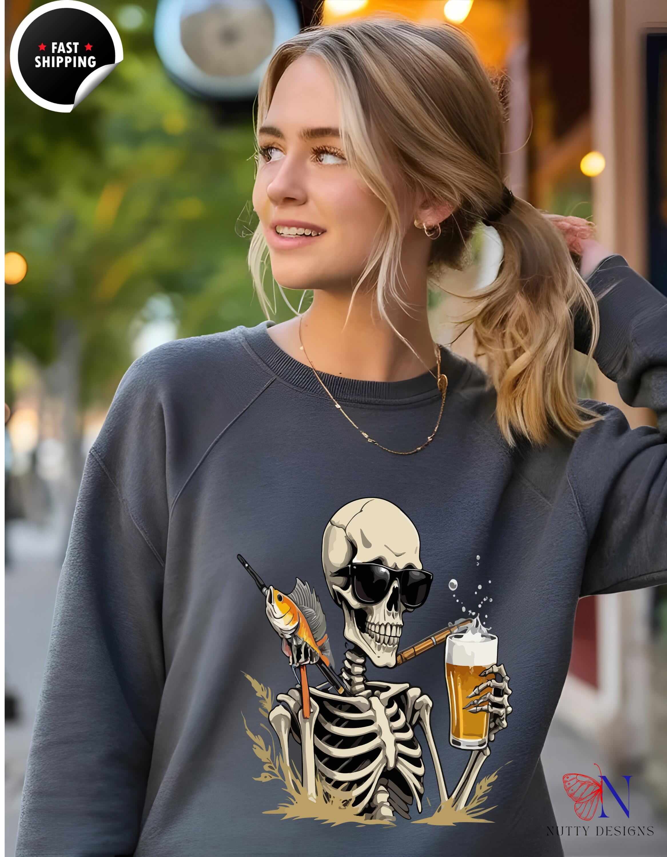 Skeleton Good Time Fish Beer Graphic Cozy Sweater Fun Fishing Perfe...