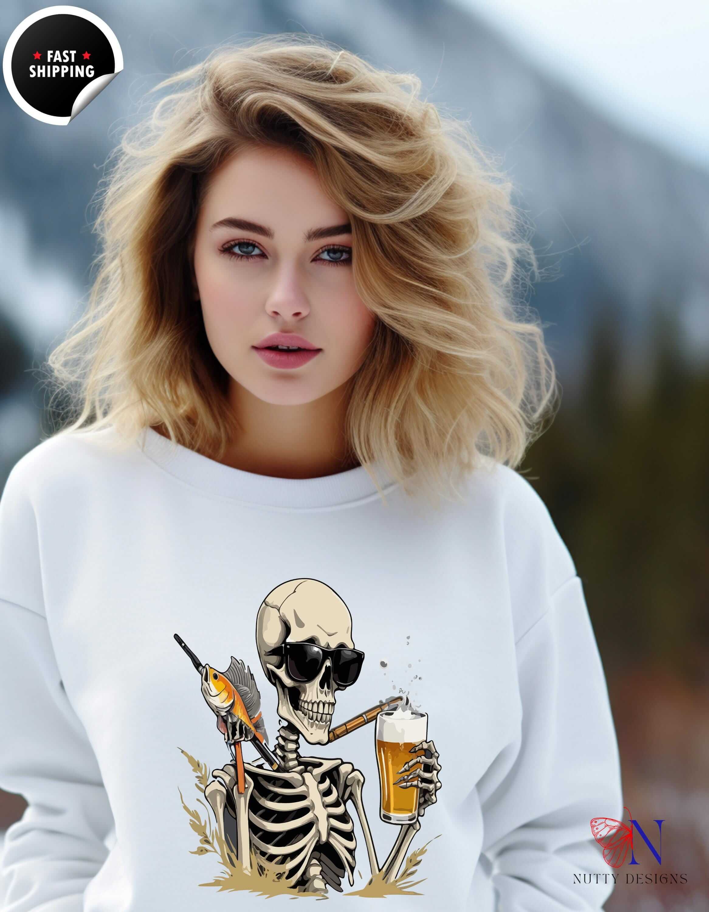 Skeleton Good Time Fish Beer Graphic Cozy Sweater Fun Fishing Perfe...
