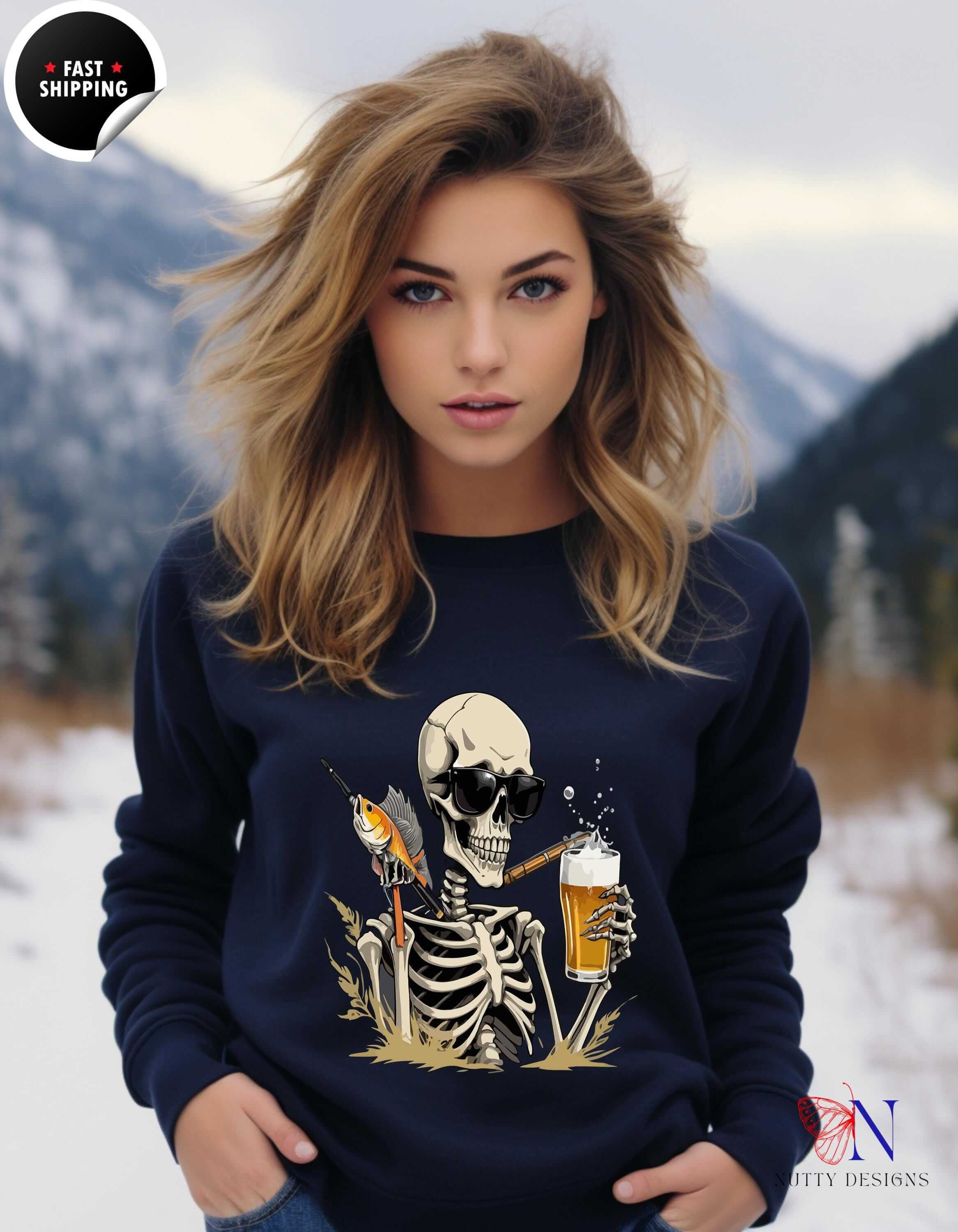 Skeleton Good Time Fish Beer Graphic Cozy Sweater Fun Fishing Perfe...