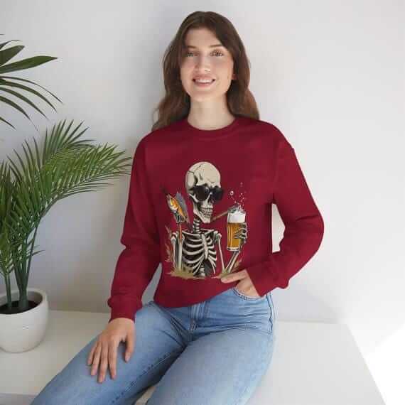 Skeleton Good Time Fish Beer Graphic Cozy Sweater Fun Fishing Perfe...