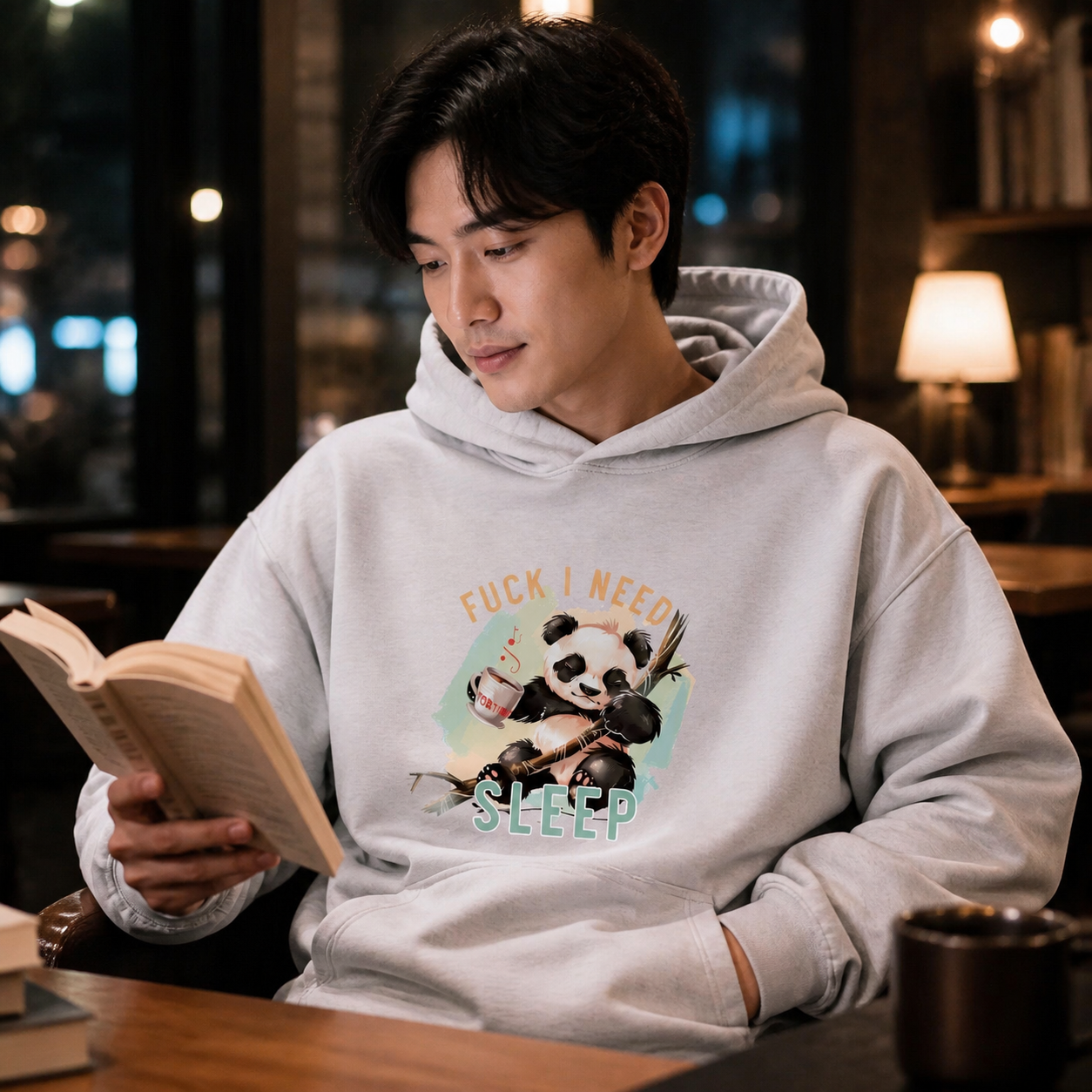 Young man wearing sleep-deprived panda graphic hoodie in a late-night cafe