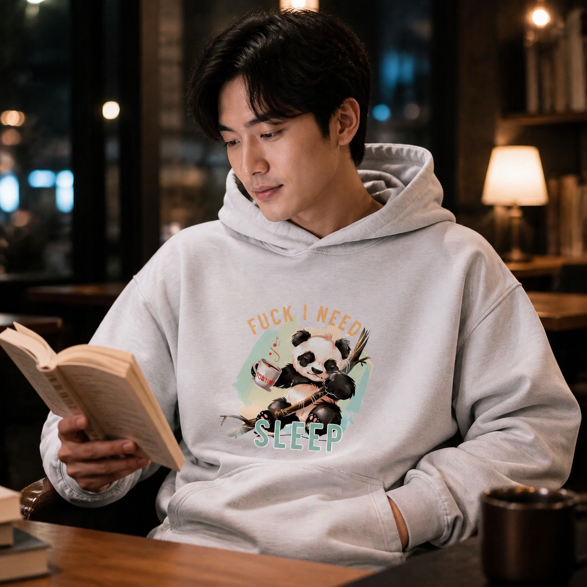 Young man wearing sleep-deprived panda graphic hoodie in a late-night cafe