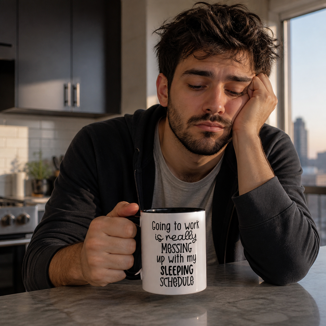 Tired young man holding black accent Going to Work Is Messing With My Sleeping Schedule mug