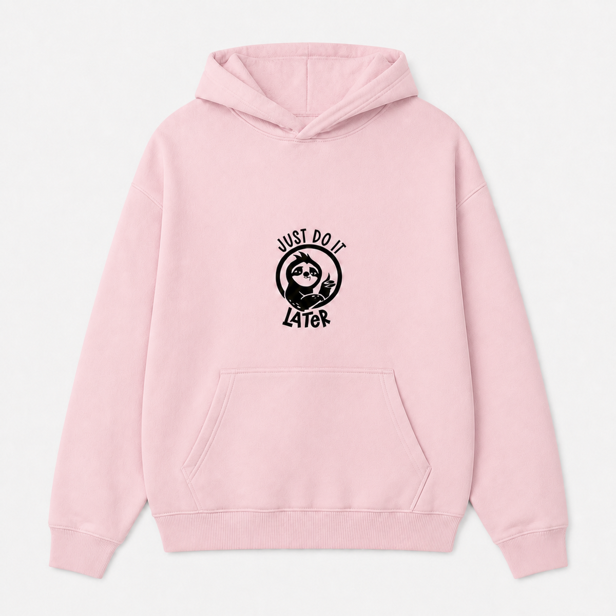 Just Do It Later funny sloth graphic on light pink hoodie, front product image