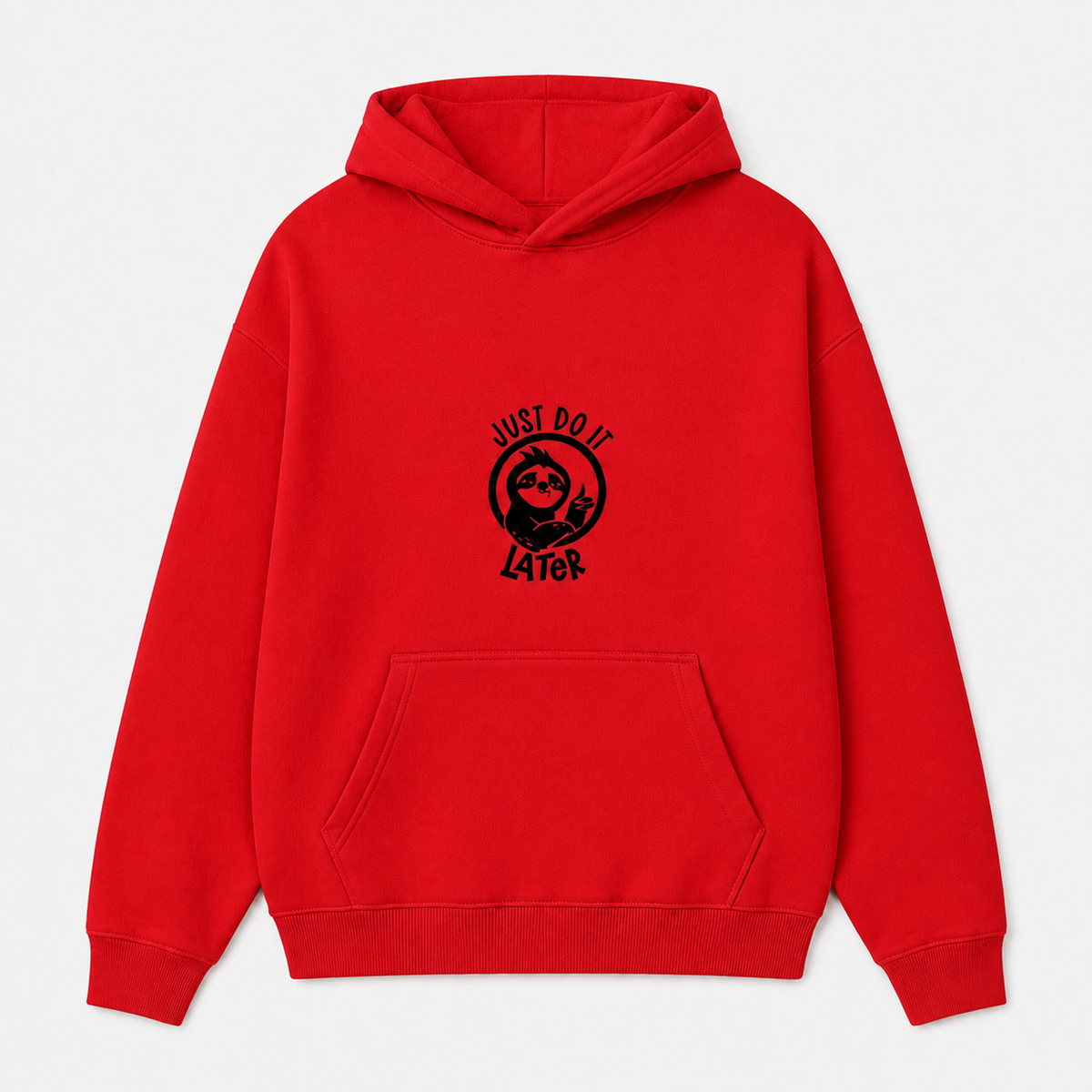 Just Do It Later funny sloth graphic on red hoodie, front product image