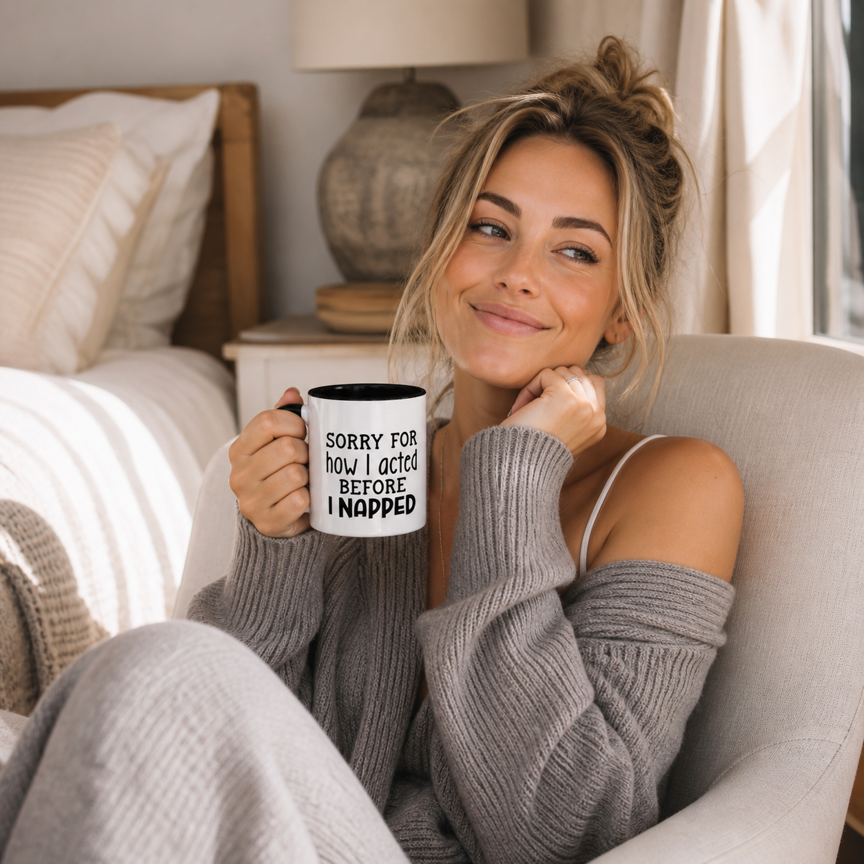 Woman holding black accent Sorry for How I Acted Before I Napped coffee mug