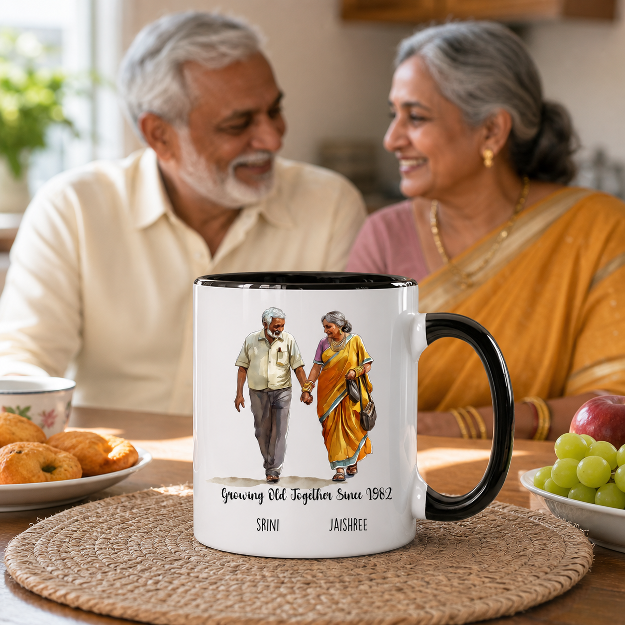 Personalized South Indian couple Growing Old Together black accent mug lifestyle image