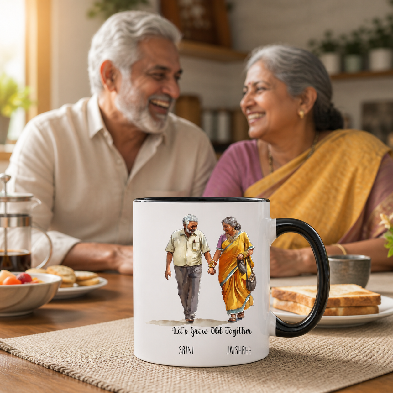 Personalized South Indian couple Let's Grow Old Together black accent mug lifestyle image