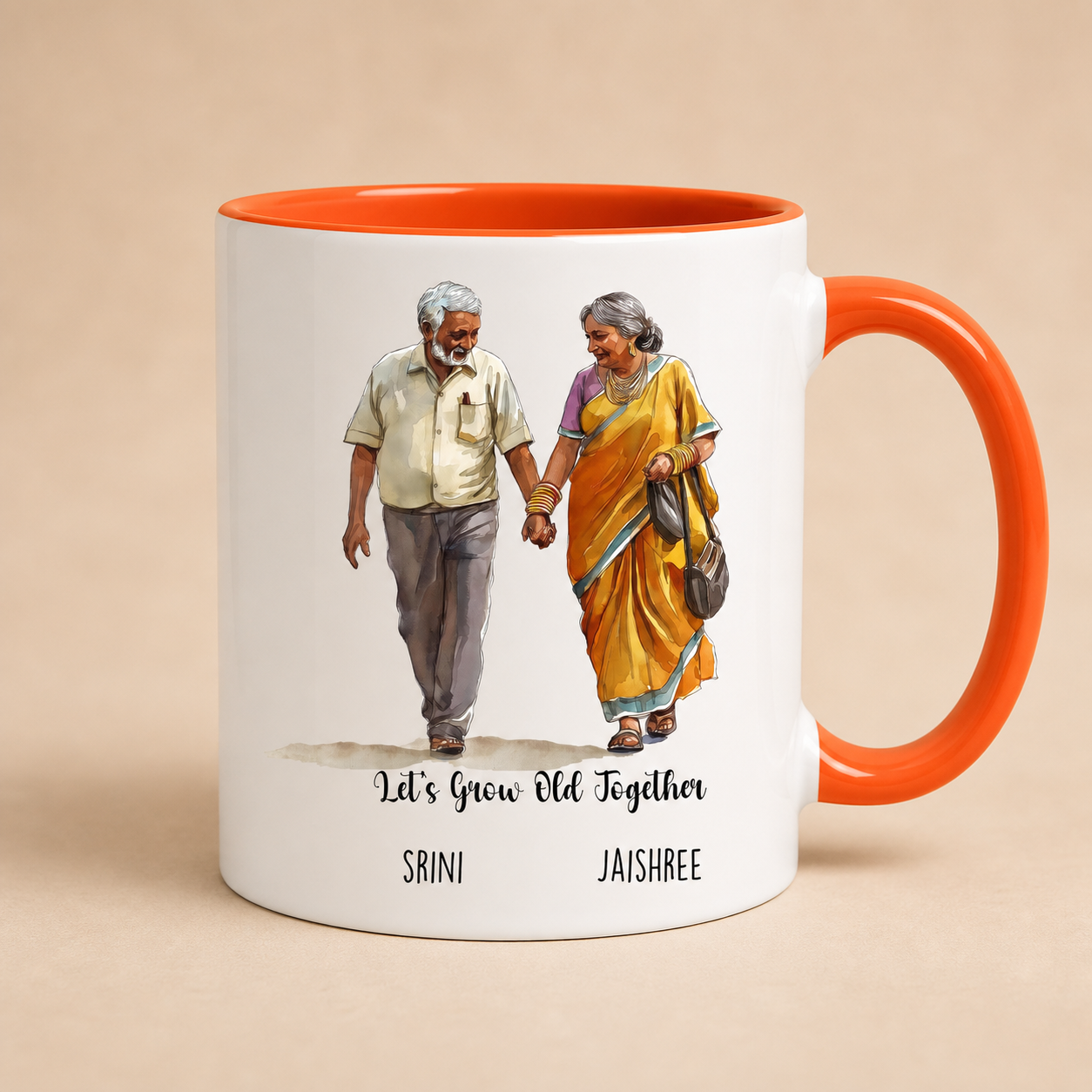 Personalized South Indian Lets Grow Old Together orange accent mug