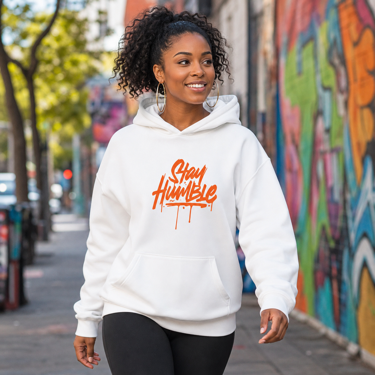 Young woman wearing Stay Humble graffiti hoodie in an arts district