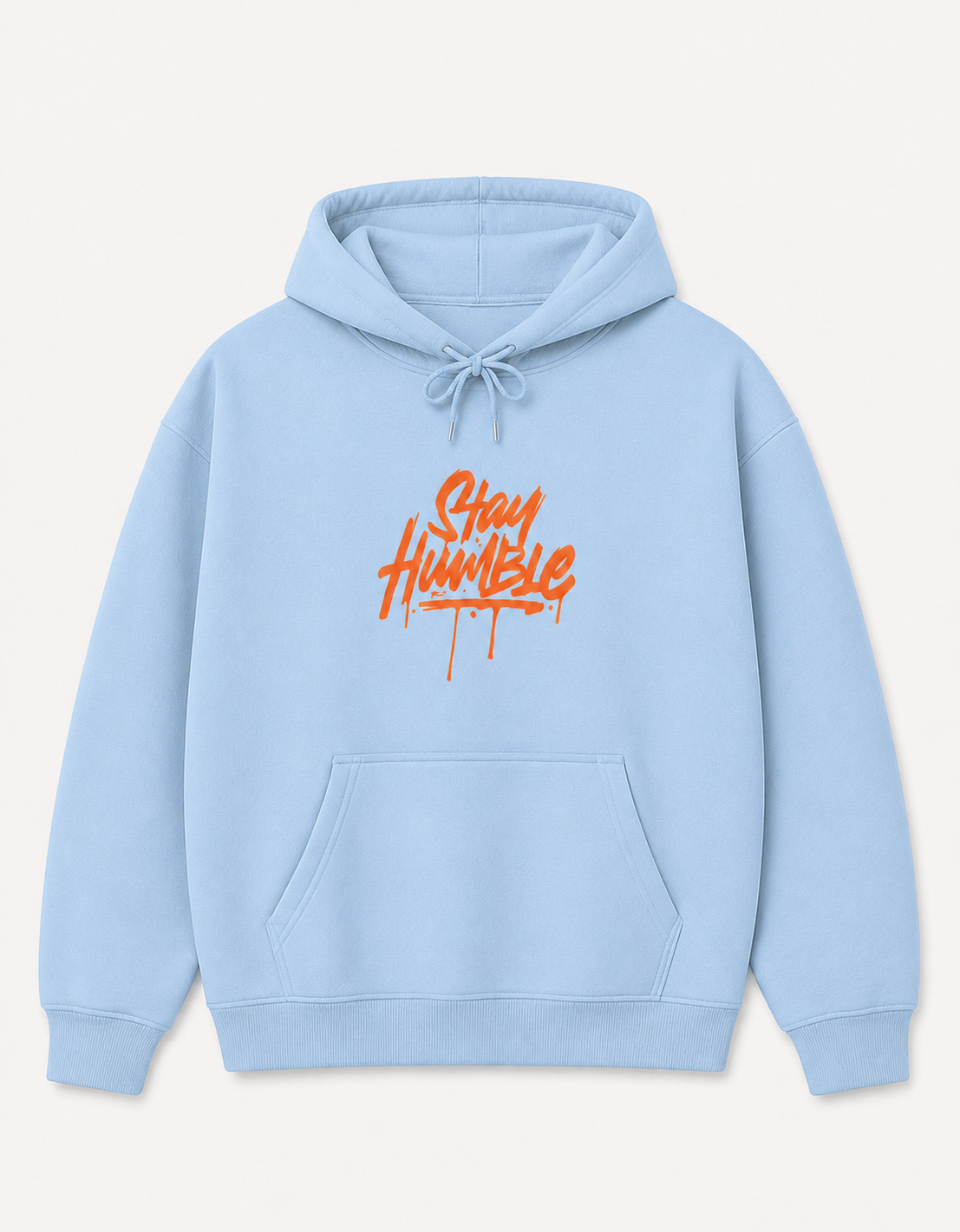 Stay Humble orange graffiti script graphic on light blue pullover hoodie, front product image