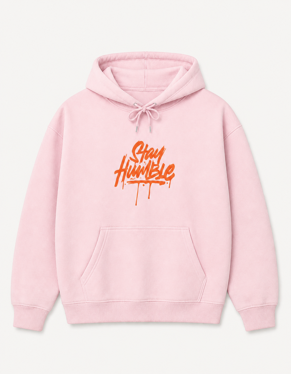 Stay Humble orange graffiti script graphic on light pink pullover hoodie, front product image