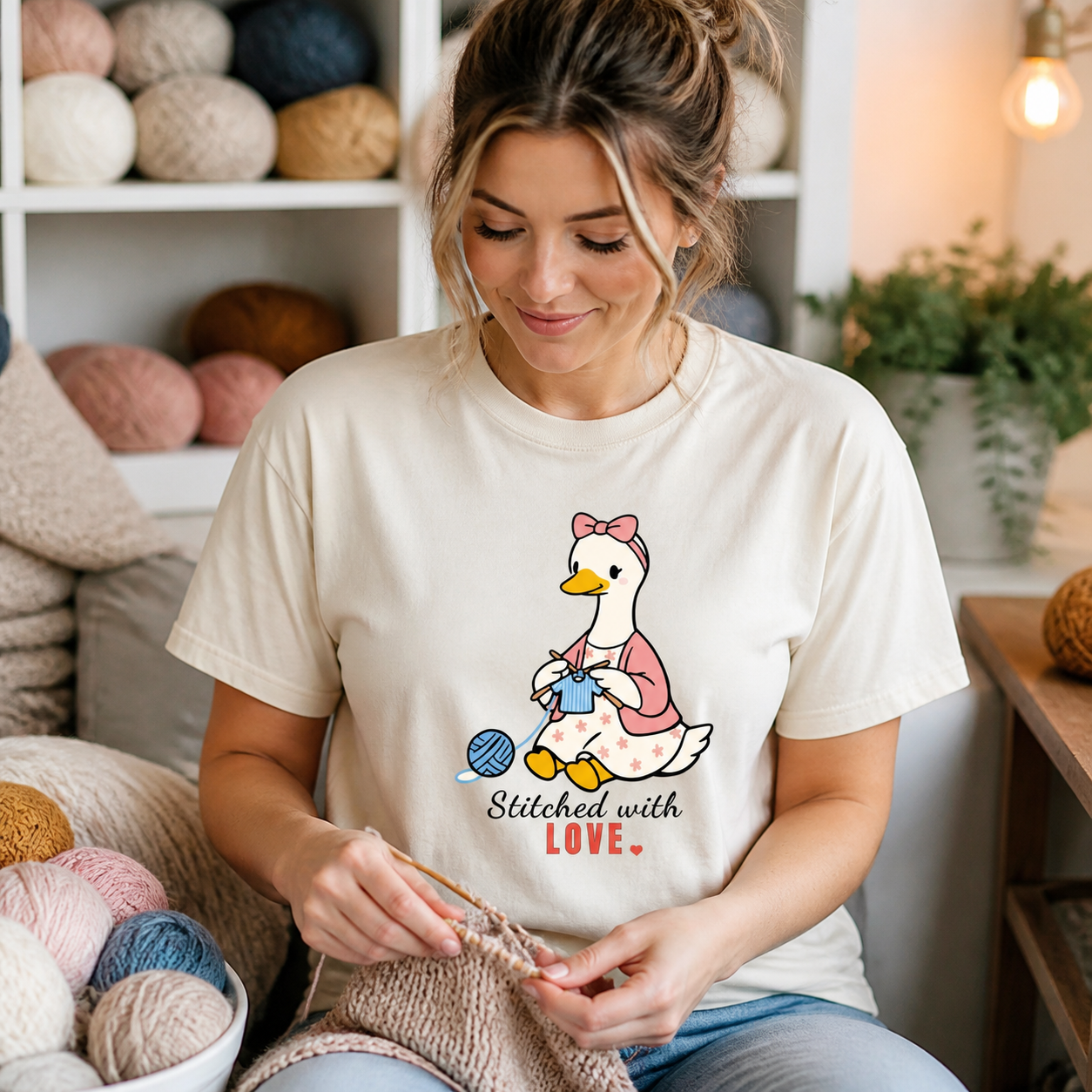 Young mom wearing Stitched with Love knitting goose T-shirt in a yarn studio