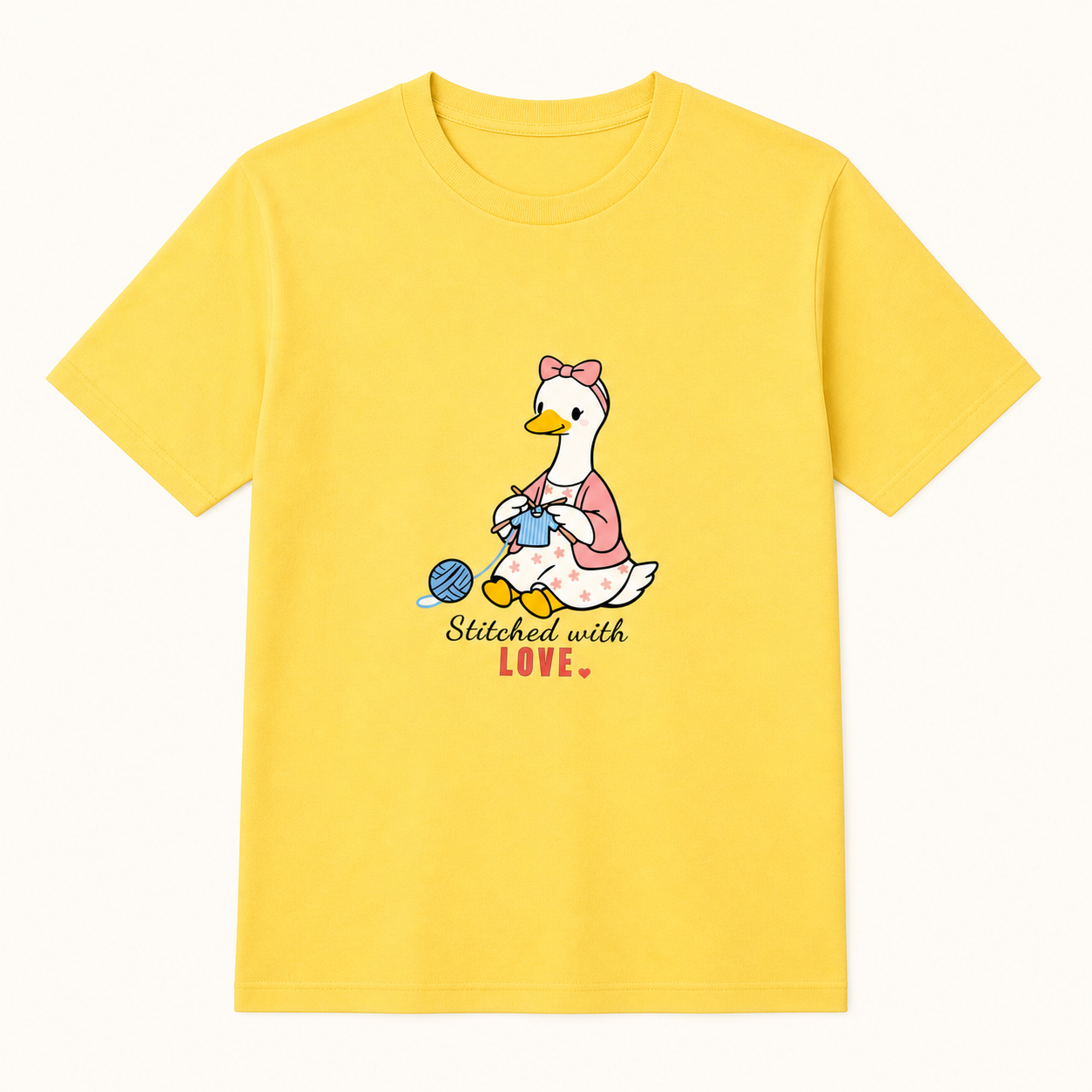 Yellow Stitched With Love knitting Mama Goose T-shirt product view