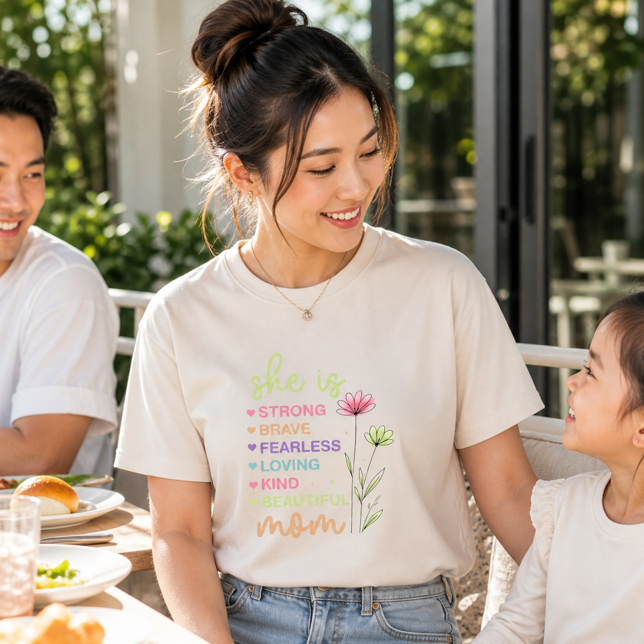Young mom wearing She Is Strong Brave Fearless floral T-shirt at brunch