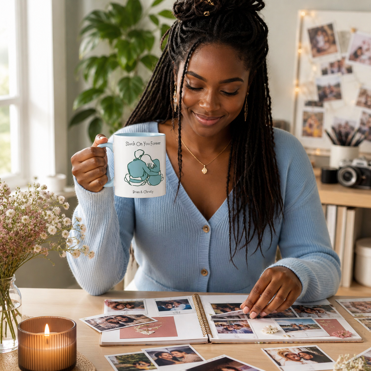 Young woman holding personalized light-blue-accent Stuck on You Forever mug while scrapbooking