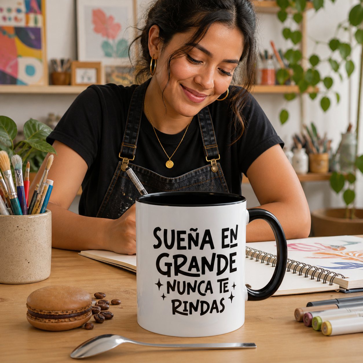 Young Latina artist with black-accent Suena en Grande Nunca Te Rindas mug