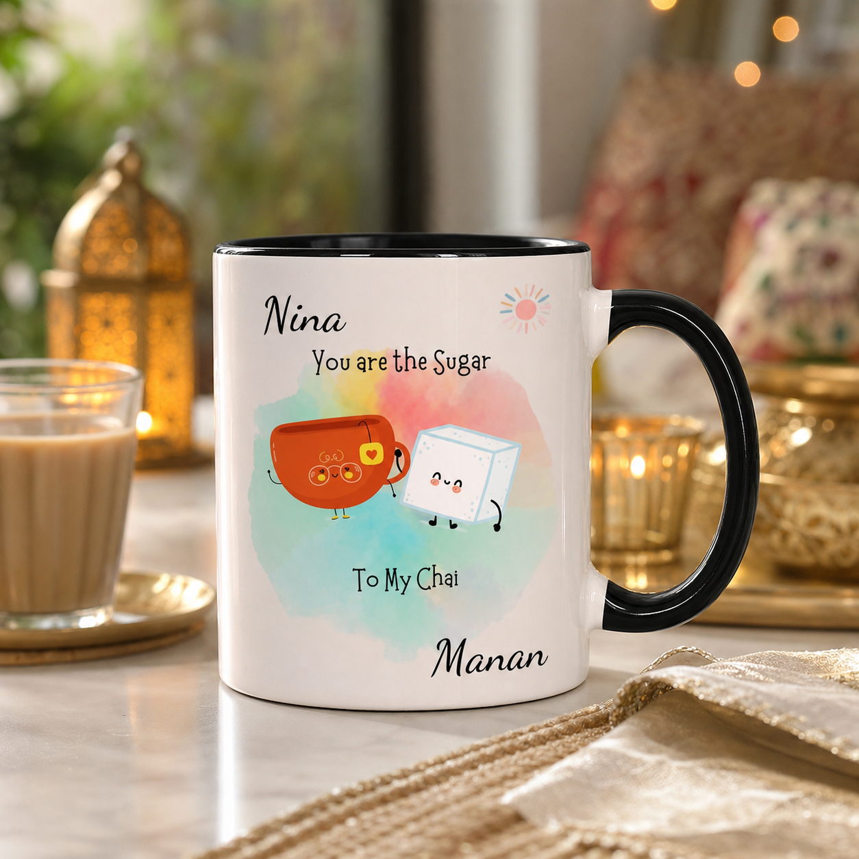 Personalized Sugar to My Chai black accent mug in an elegant chai setting