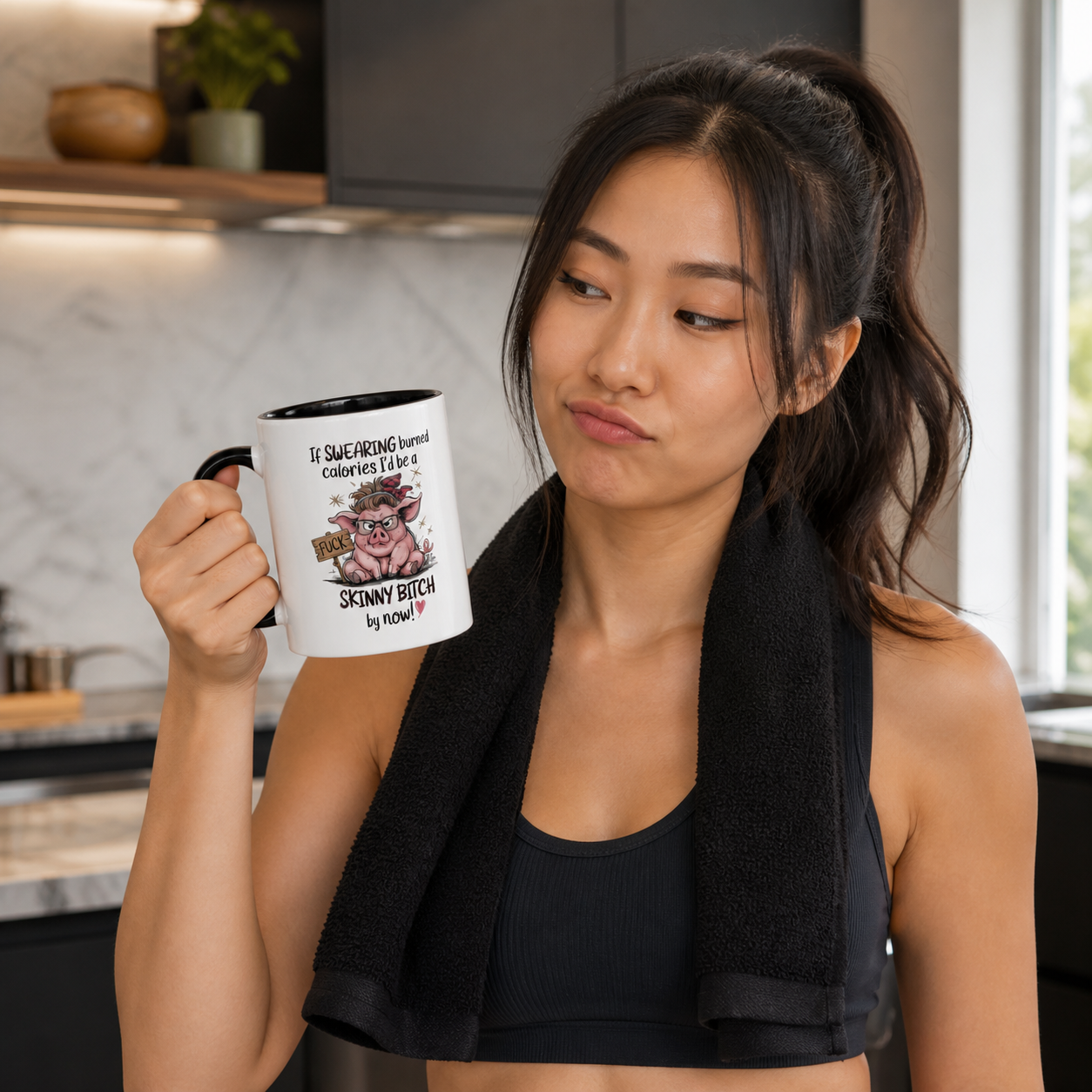 Young woman holding black-accent If Swearing Burned Calories mug